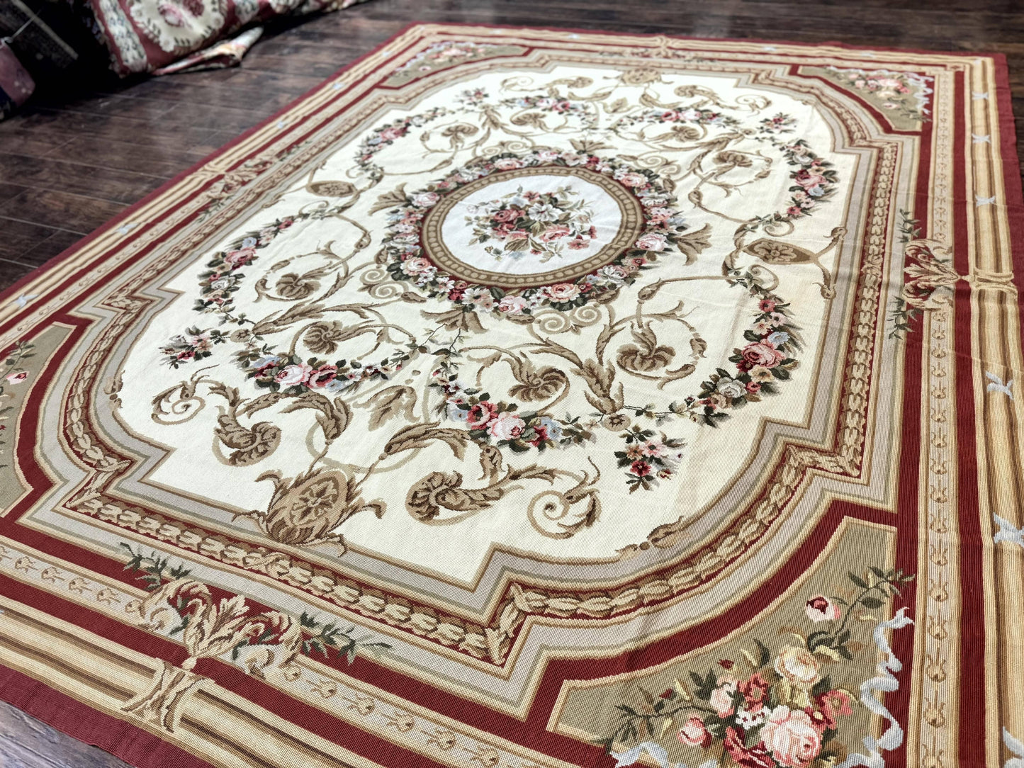 USED Aubusson Needlepoint Rug 9x11, Handmade Vintage Wool Flatweave Carpet, Elegant European Rug, Floral, Cream