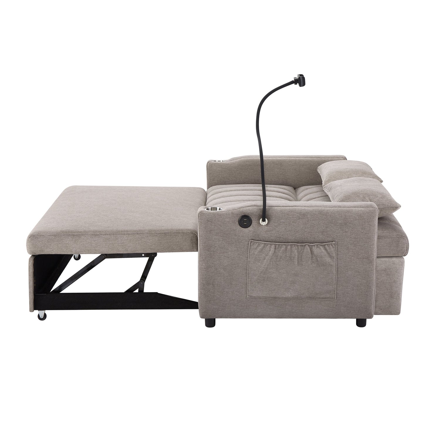 NEW Convertible Sofa Bed Loveseat with USB Ports, Side Pockets, Cup Holders & Swivel Phone Holder, Light Grey Bella Fabric