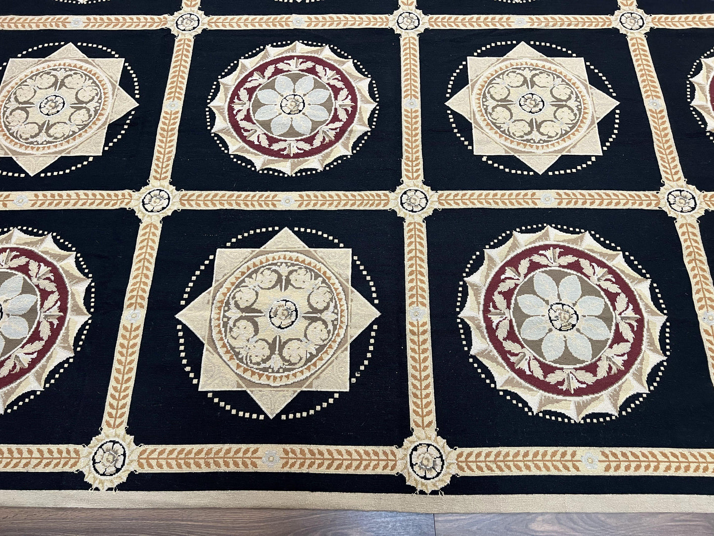 USED Large Needlepoint Rug 10x13, Panel Design, Black and Beige, Wool Needlepoint Carpet 10 x 13, English Garden, Handwoven Area Rug, Living Room