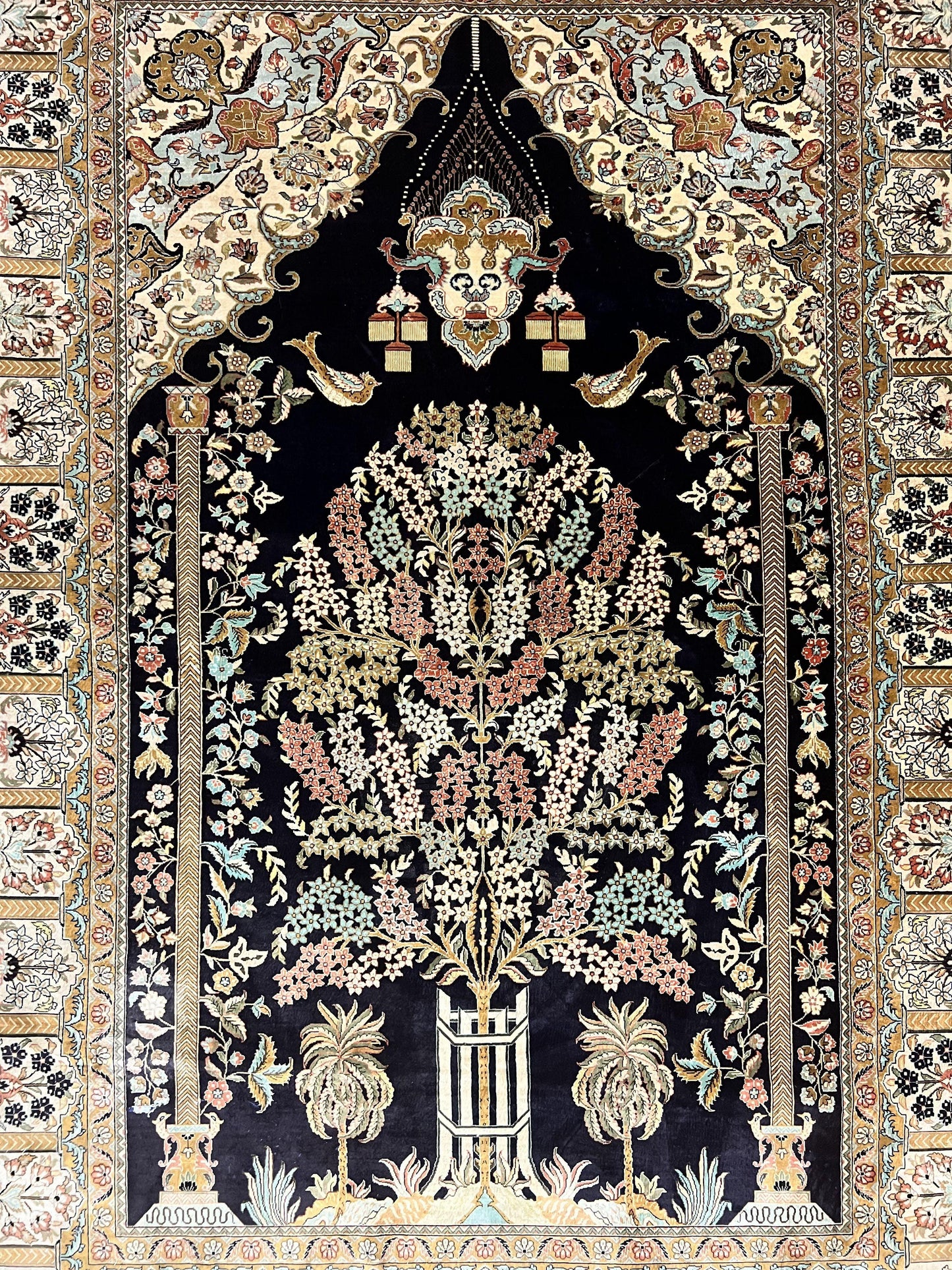 USED Wonderful Sino Persian Silk Rug 4x6, Tree of LIfe Design, Masterpiece 575 KPSI, Birds, Prayer Rug, Black, Silk on Silk