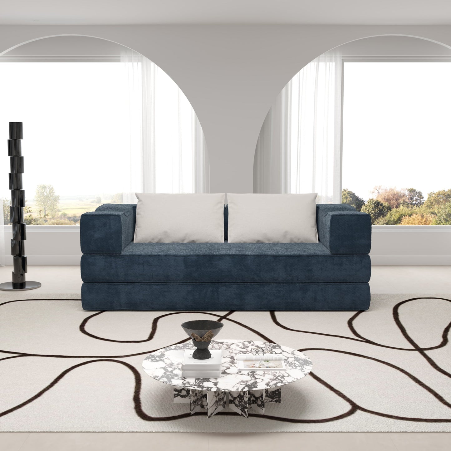 NEW 80' Convertible Couch Bed with 2 Pillows, 3-Seat Folding Floor Couch & King Size Bed Mattress, DIY Combination,Chenille,Blue