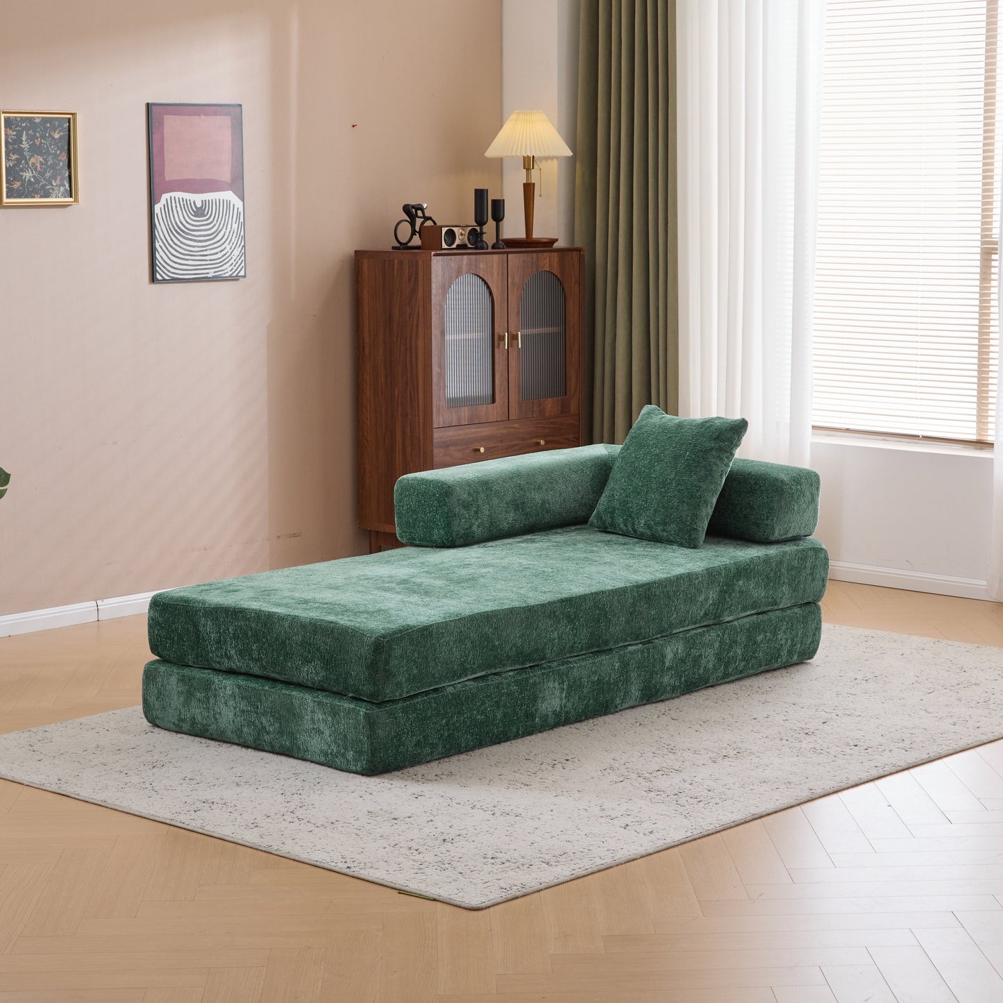 NEW Dark Green Chenille Fabric Floor Compression Convertible Sofa Bed