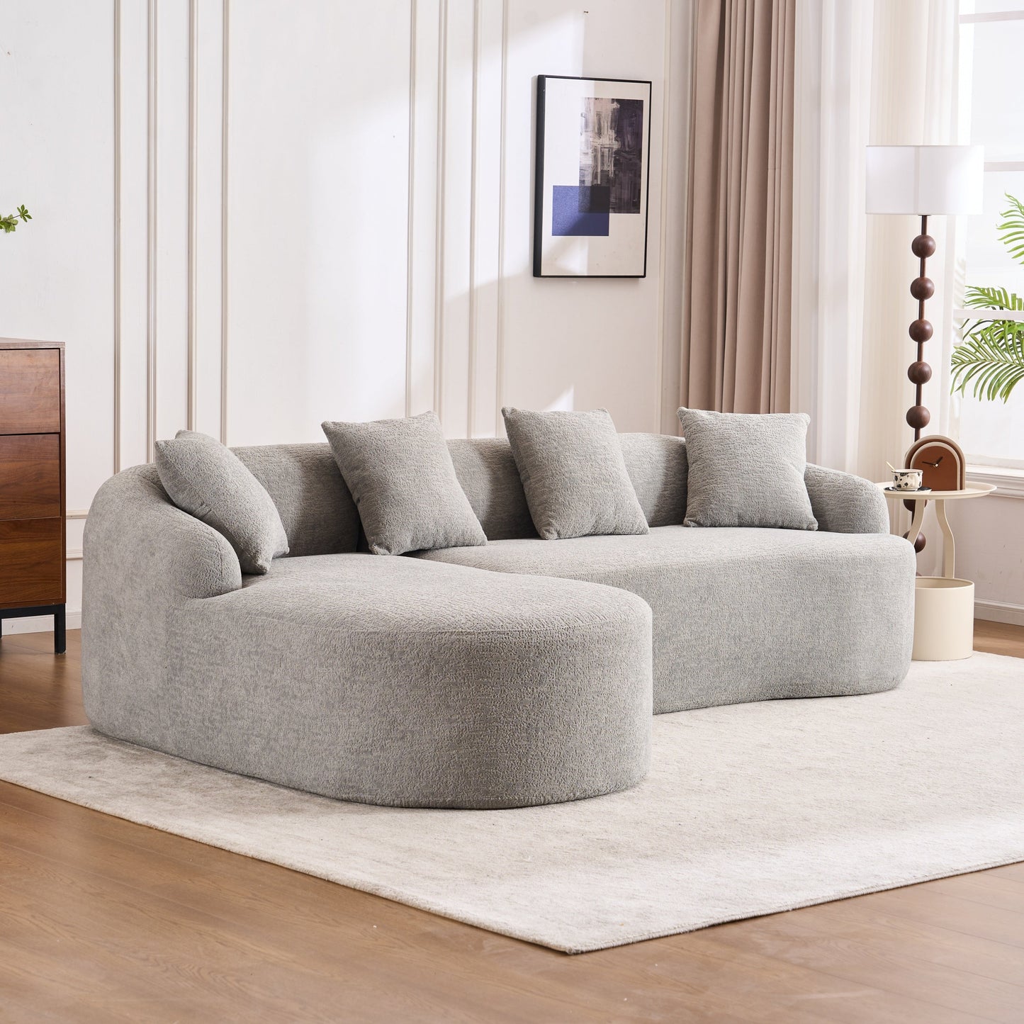 NEW Boneless Minimalist Curved Chaise Grey Chenille Compression Modular L-Shape Sectional Sofa Sleeper Couch with 30D High-Density Foam
