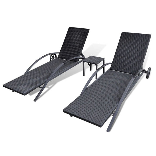 NEW vidaXL Outdoor Sun Lounger Set with Table Poly Rattan Wicker Black Patio Lounge Chairs