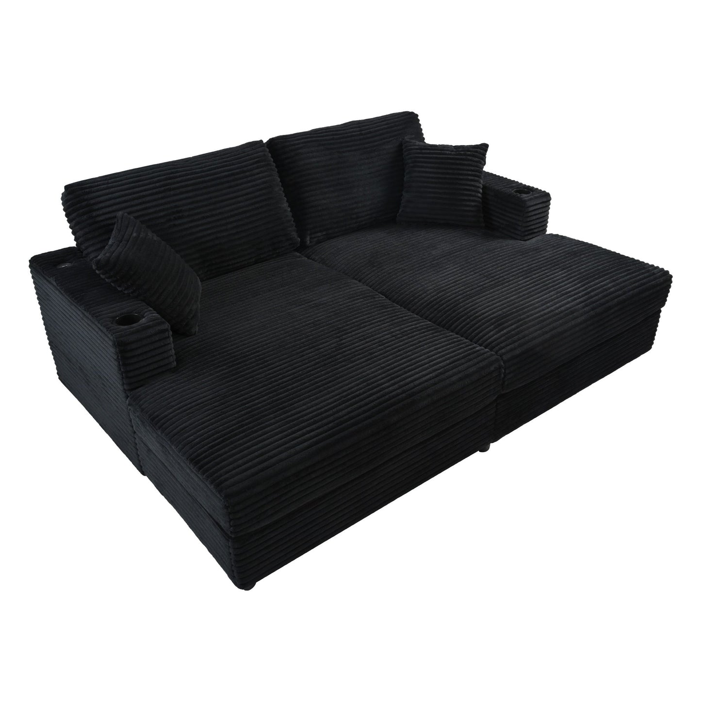 NEW Black Corduroy Oversized Loveseat Chaise Lounge Sectional Sofa Bed with USB Ports Cup Holders and Pillows