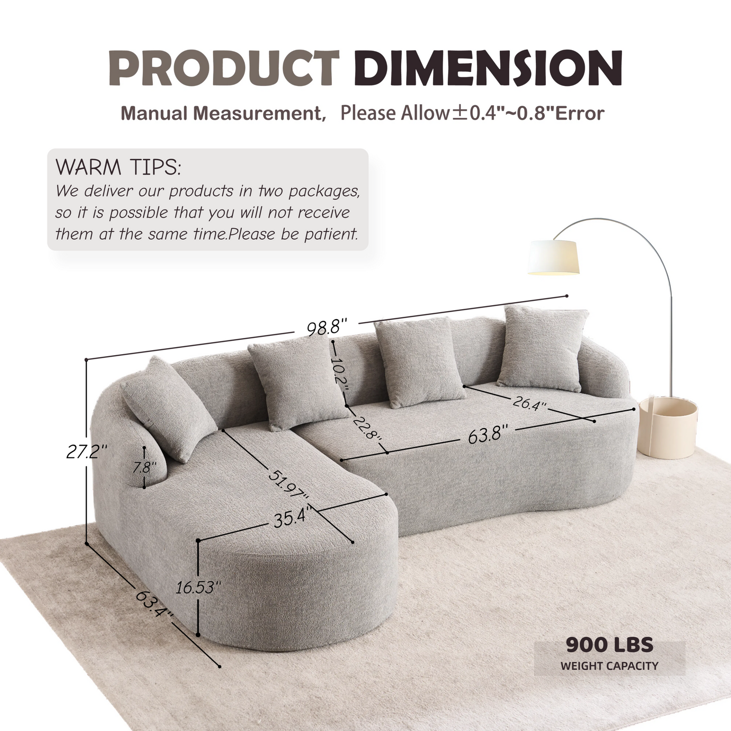 NEW Boneless Minimalist Curved Chaise Grey Chenille Compression Modular L-Shape Sectional Sofa Sleeper Couch with 30D High-Density Foam