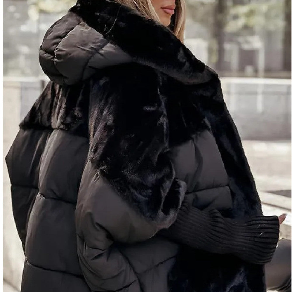 New Women's Loose Cotton Coat Faux Fur Patchwork Winter Coat Comfort Chic Long Sleeve Hooded Jacket