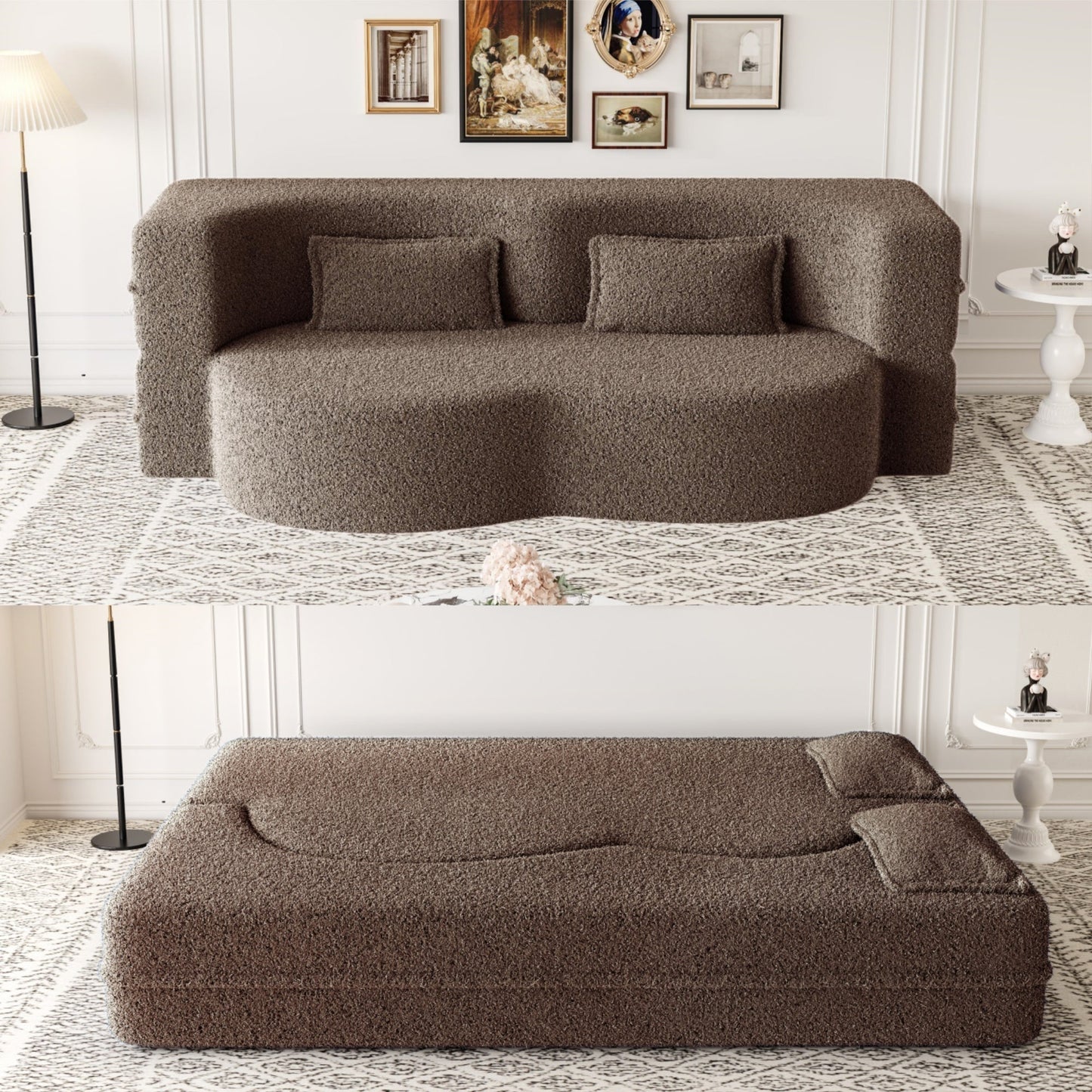 NEW Modern Brown Convertible Teddy Fabric Foam Filled Couch Sleeper Sofa Bed with Pillows and 15” Full Size Folding Mattress