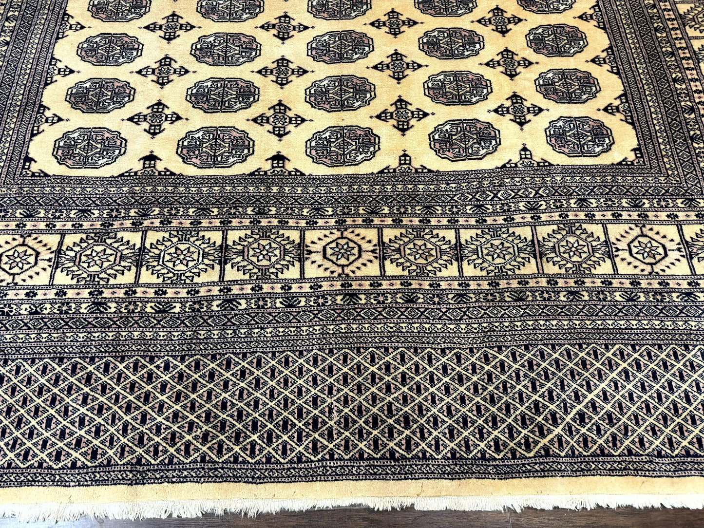 USED Pakistani Bokhara Turkoman Rug 9x11, Cream, Handmade Wool Vintage Carpet