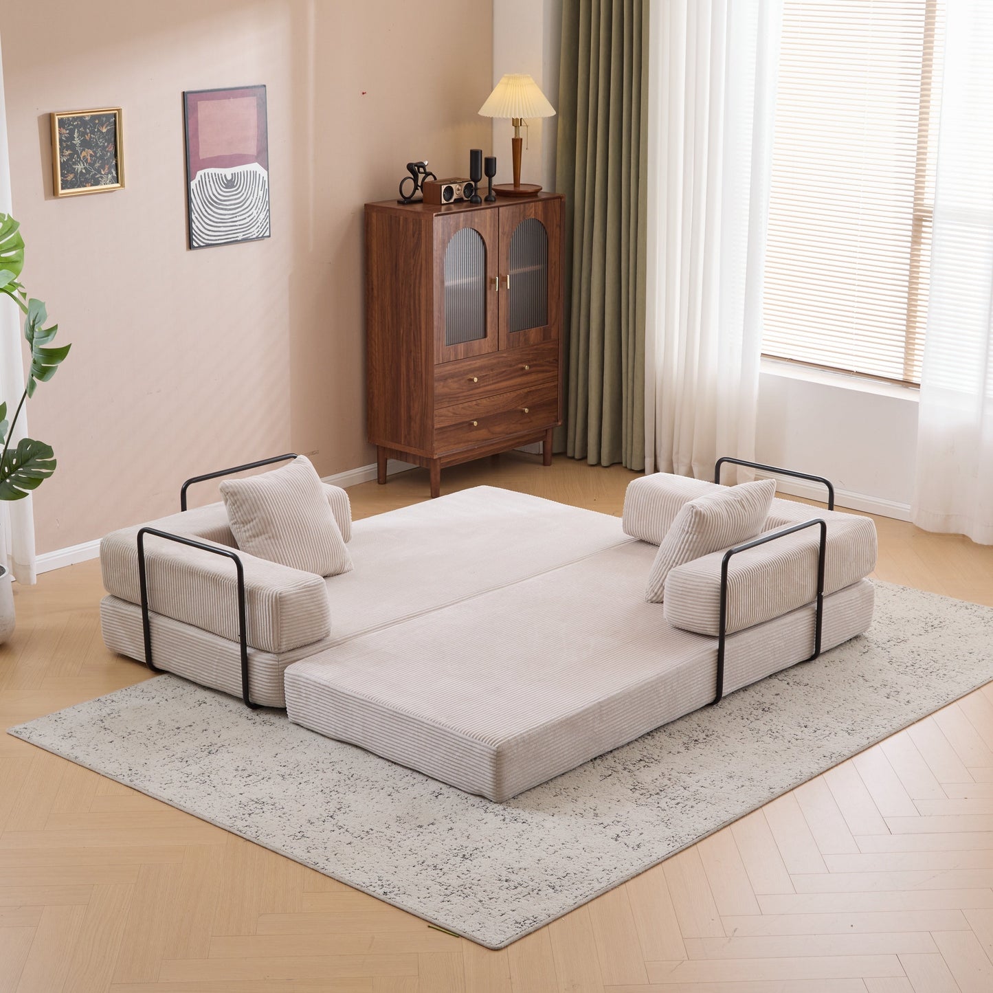 NEW Floor Compression Convertible Comfy Futon Lounge Sleeper Bed Floor Couch Sofa Bed with Pillow Back Support Armrest in Light Gray Corduroy Fabric