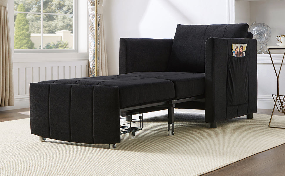 NEW Black Chenille Upholstered Convertible Sleeper Sofa with 5-Position Backrest Side Pockets Storage