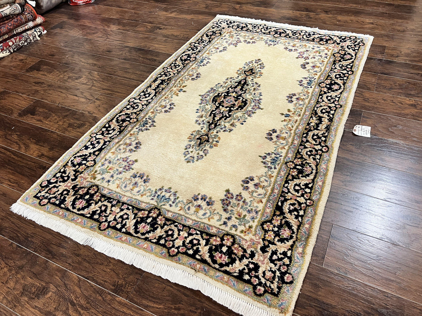 USED Persian Kirman Rug 4x7, Wool Hand Knotted Antique Carpet, Beige, Semi Open Field Medallion Rug, Traditional Handmade Oriental Rug