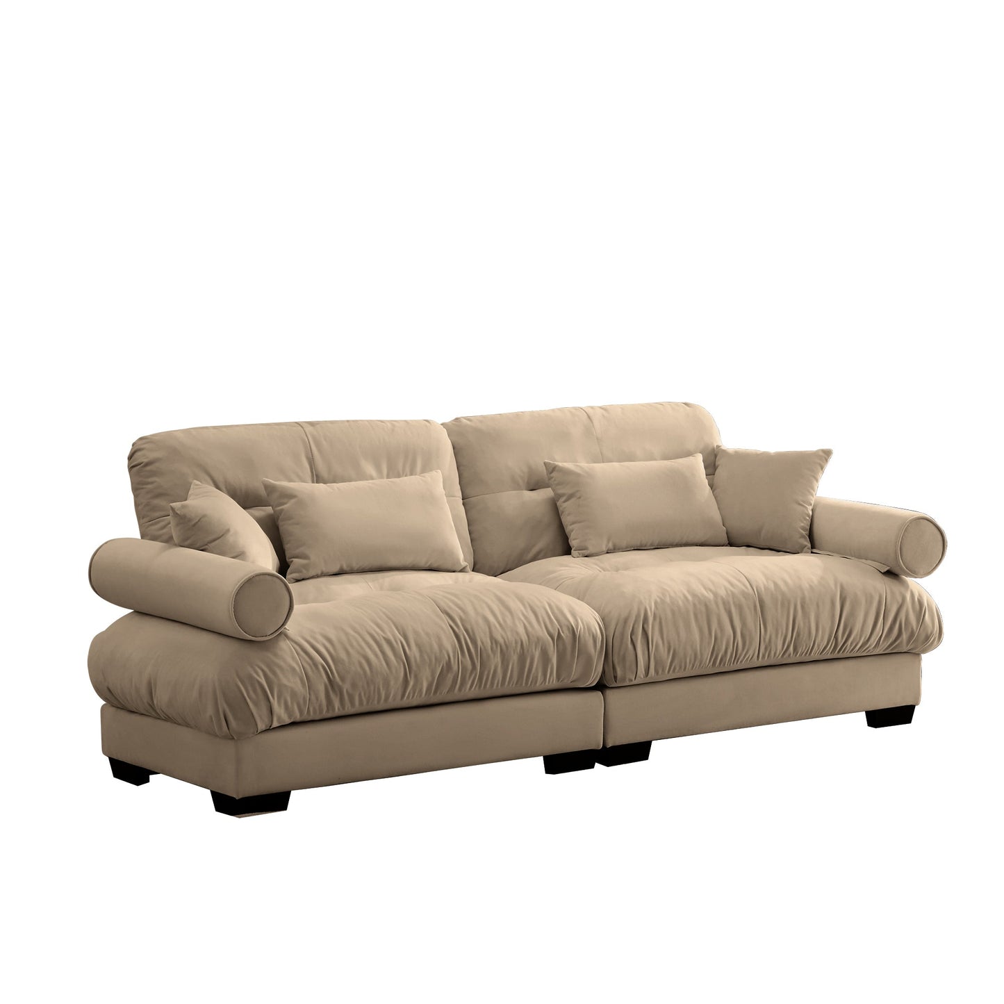 NEW Modern Camel Velvet Two-Seater Sofa with Bolstered Armrests and Pillows