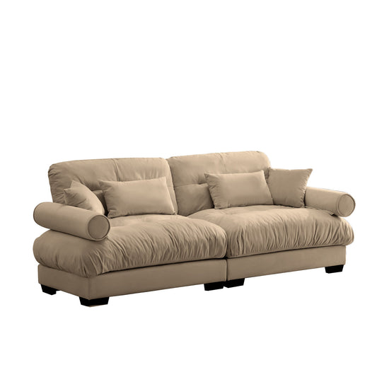 NEW Modern Camel Velvet Two-Seater Sofa with Bolstered Armrests and Pillows