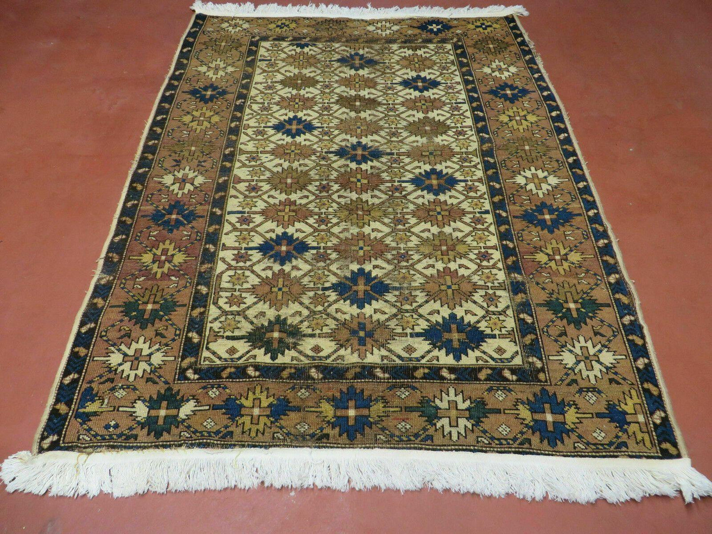 USED 4' X 5' Antique Handmade Caucasian Kazak Shirvan Wool Rug Snow Flakes