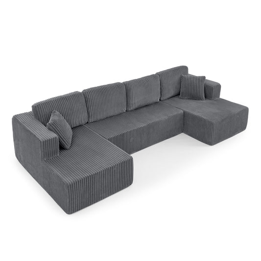 Modern Minimalist Style U Shape Modular Sectional Sofa Sleeper in Grey Corduroy