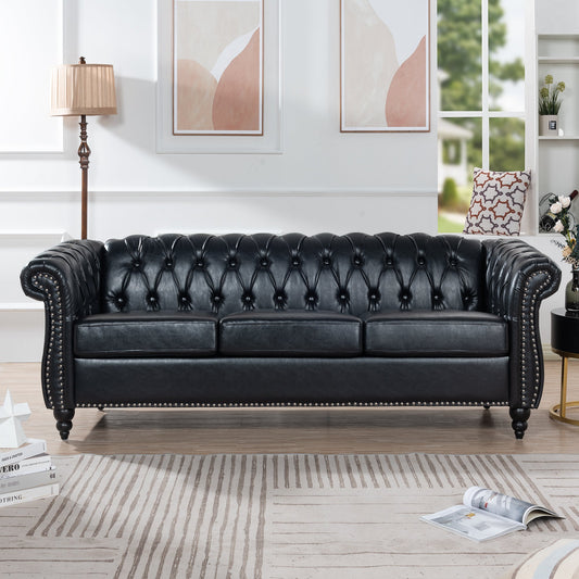 NEW 84.65' BLACK PU Rolled Arm Chesterfield Three Seater Sofa Couch