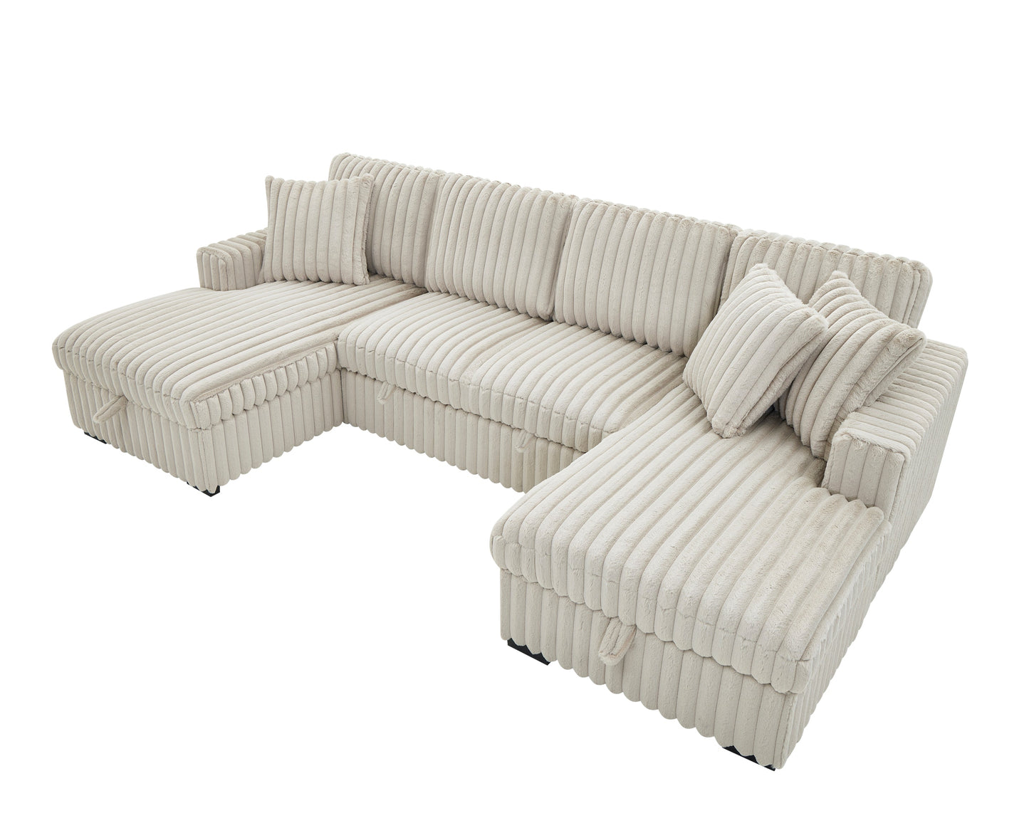 NEW 122 inch Rabbit Khaki Plush Corduroy Fabric Oversized U Shaped Sleeper Sofa 2 in 1 Pull Out Bed Sectional Sleeper Couch with Double Storage Chaise