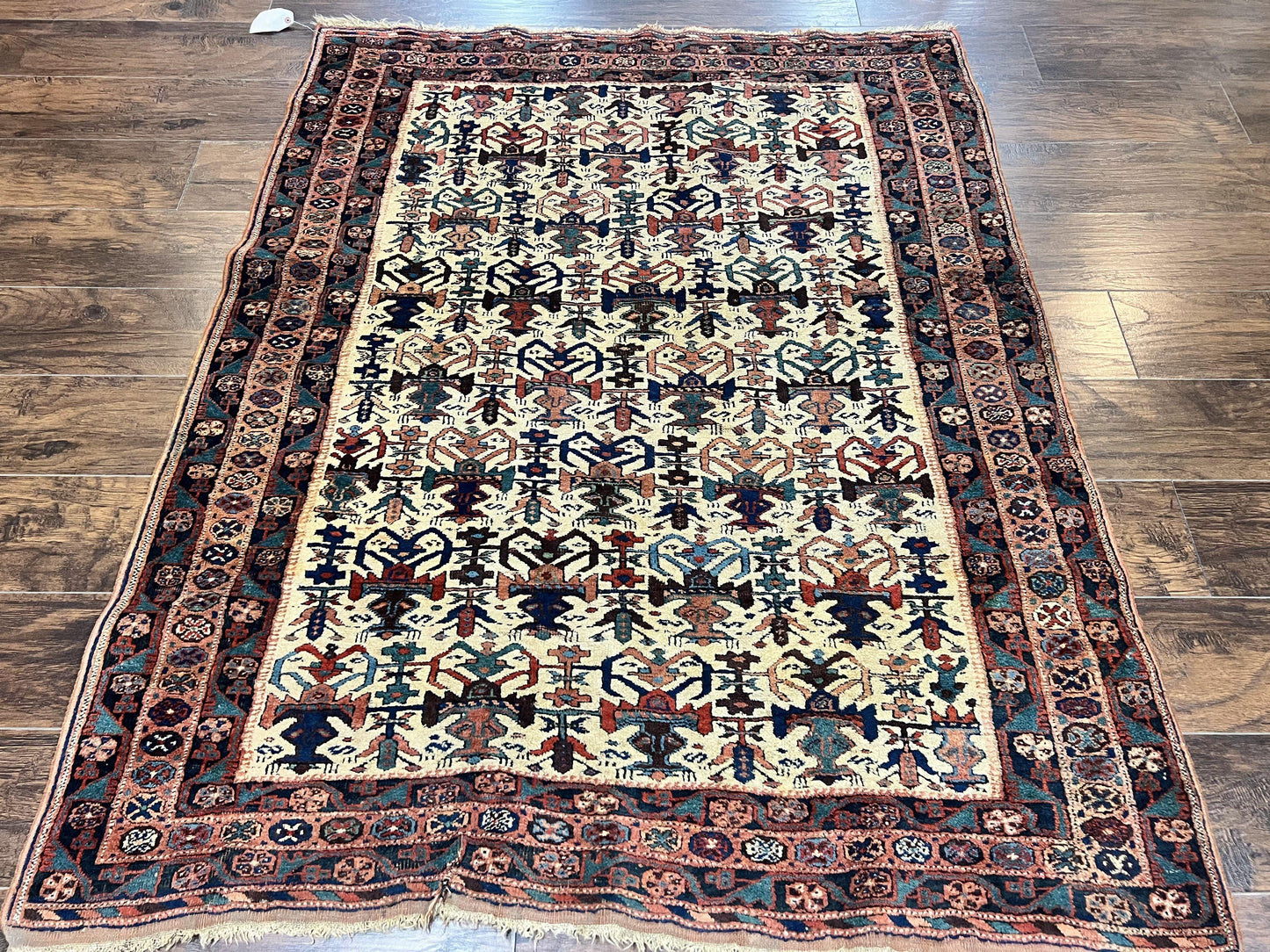 USED Persian Afshar Rug 5x6, Allover Repeated Motif, Wool Tribal Carpet, Handmade Semi Antique Rug