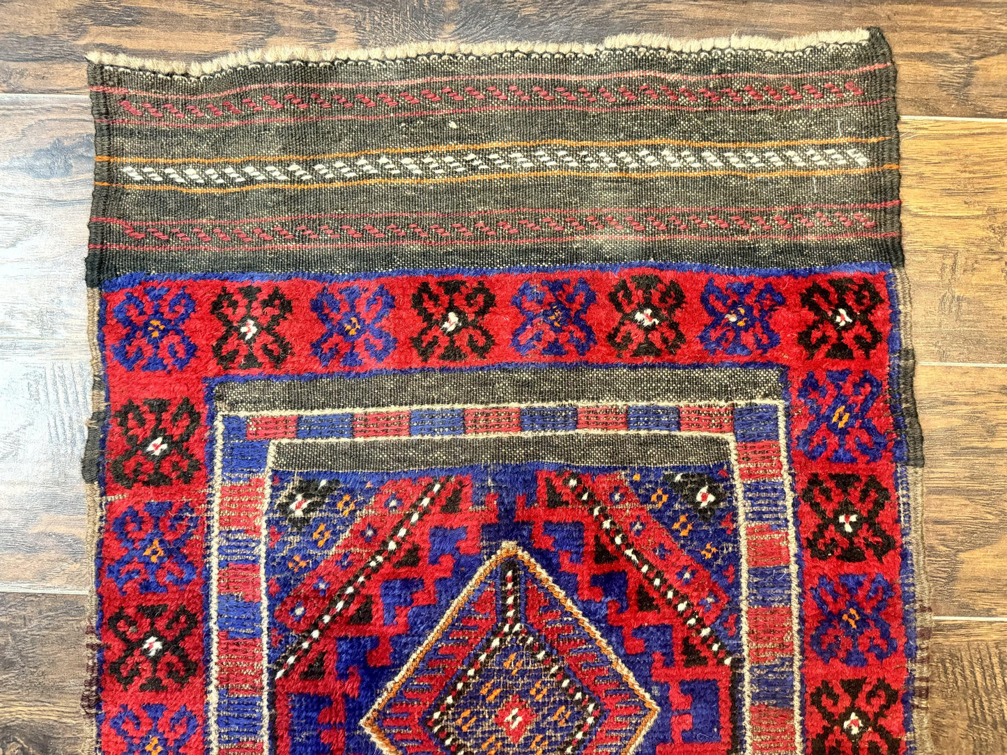 USED Turkoman Runner Rug 2 x 8.6, Skinny Runner, Handmade Wool Carpet for Hallway, Red and Blue, Wool, Vintage 8ft Runner
