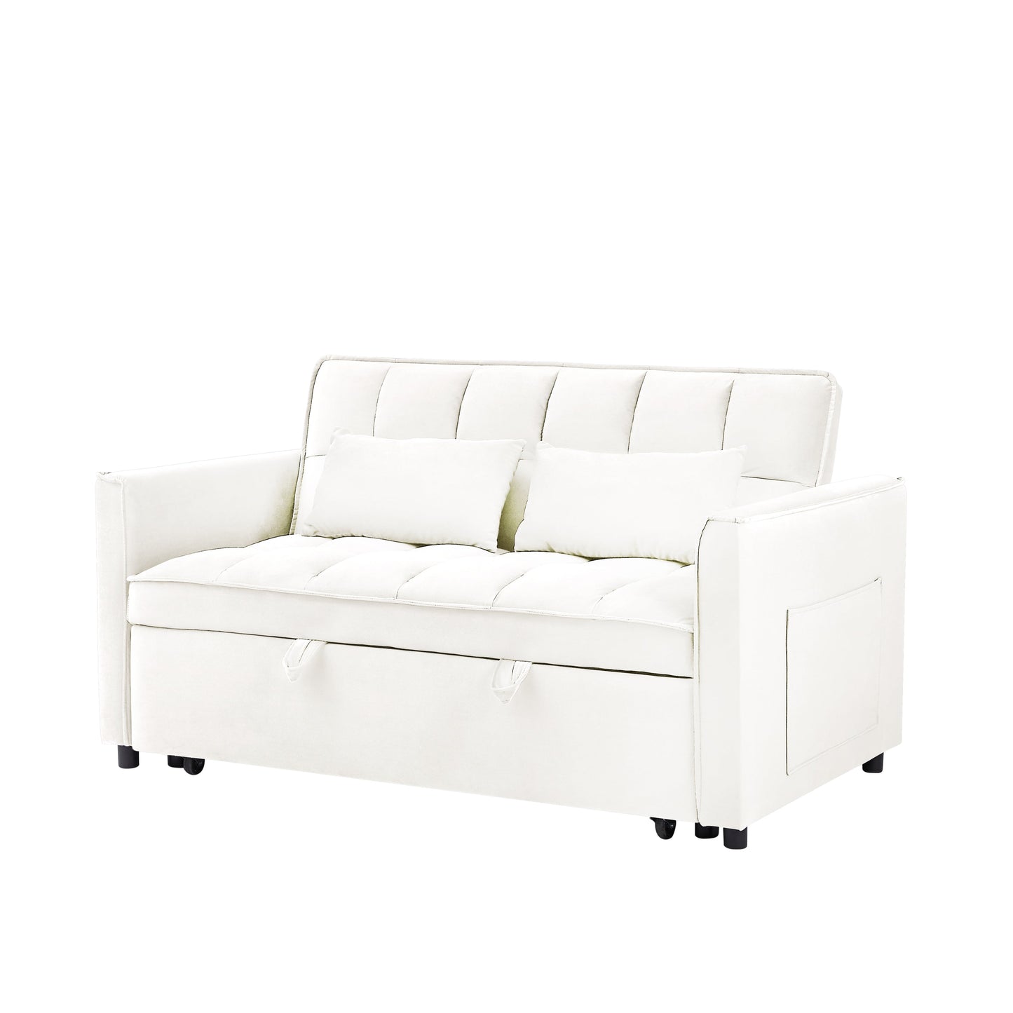 NEW 55.1-inch 3-in-1 Off White Convertible Modern Velvet Double Sofa Futon Bed with Adjustable Back Storage Bag and Pillow