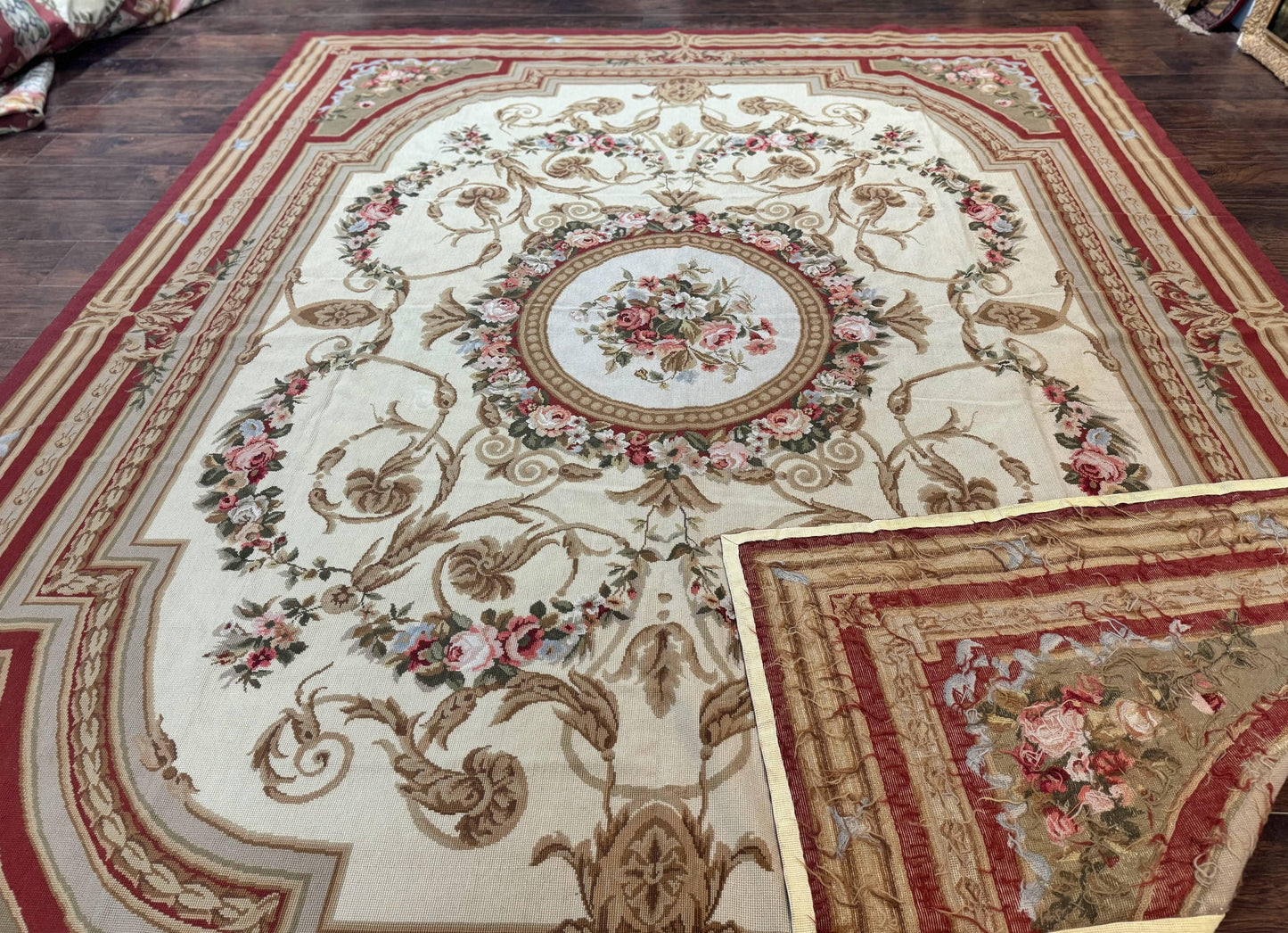 USED Aubusson Needlepoint Rug 9x11, Handmade Vintage Wool Flatweave Carpet, Elegant European Rug, Floral, Cream