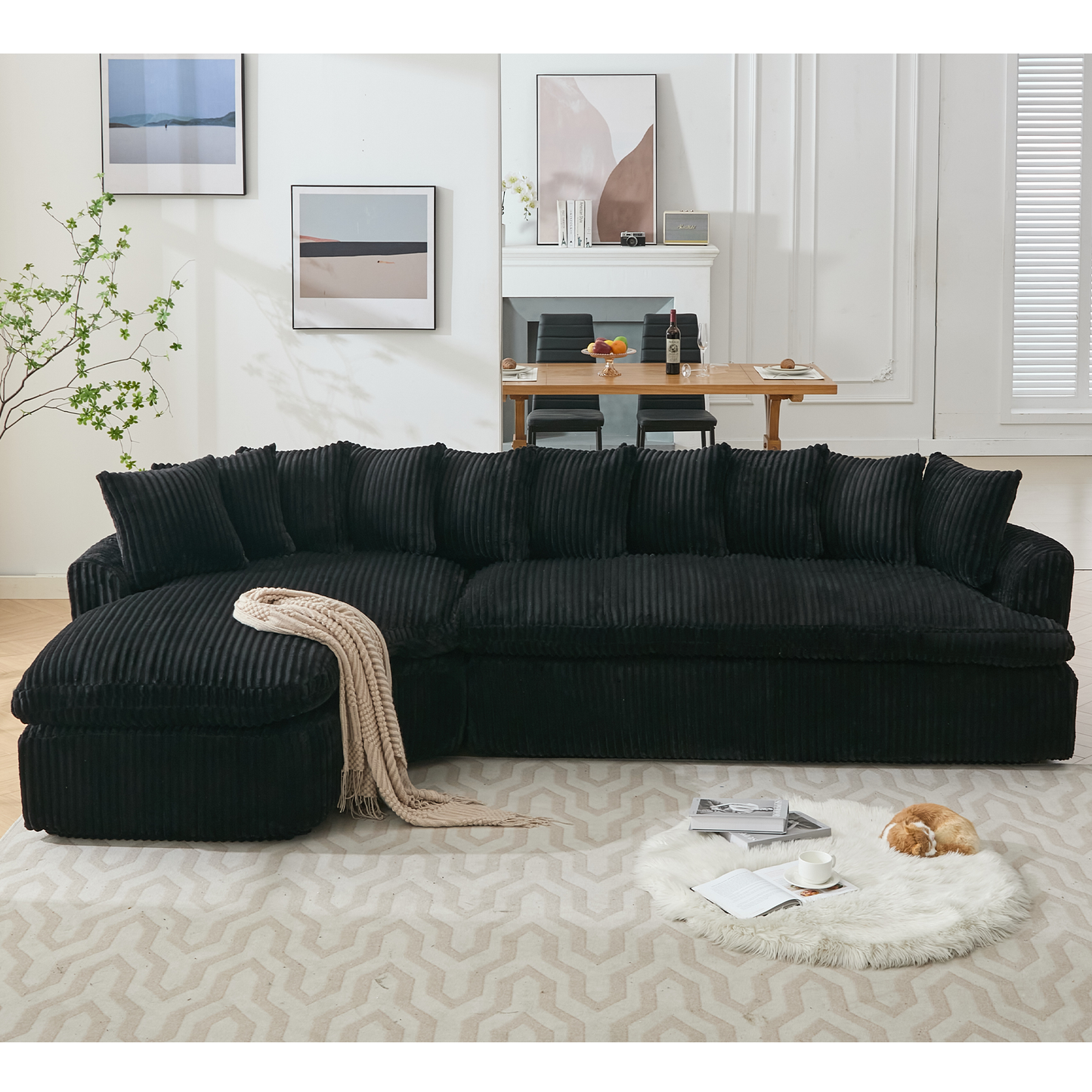 NEW 127''  Large Sectional Sofa ,Elegant Curved Design ,High-Resilience Foam ,Ten Back Cushions,L-Shape Left Sofa,No Assembly  Required , (Black-Soft Corduroy Fabric)