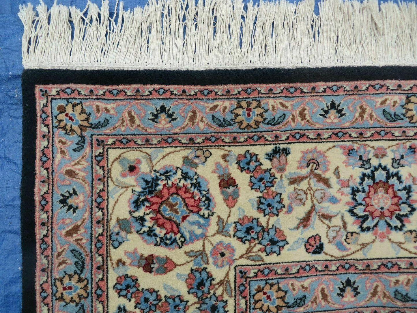 USED Large Indo Persian Rug 10x14, Wool Hand-Knotted Carpet, Navy Blue Ivory