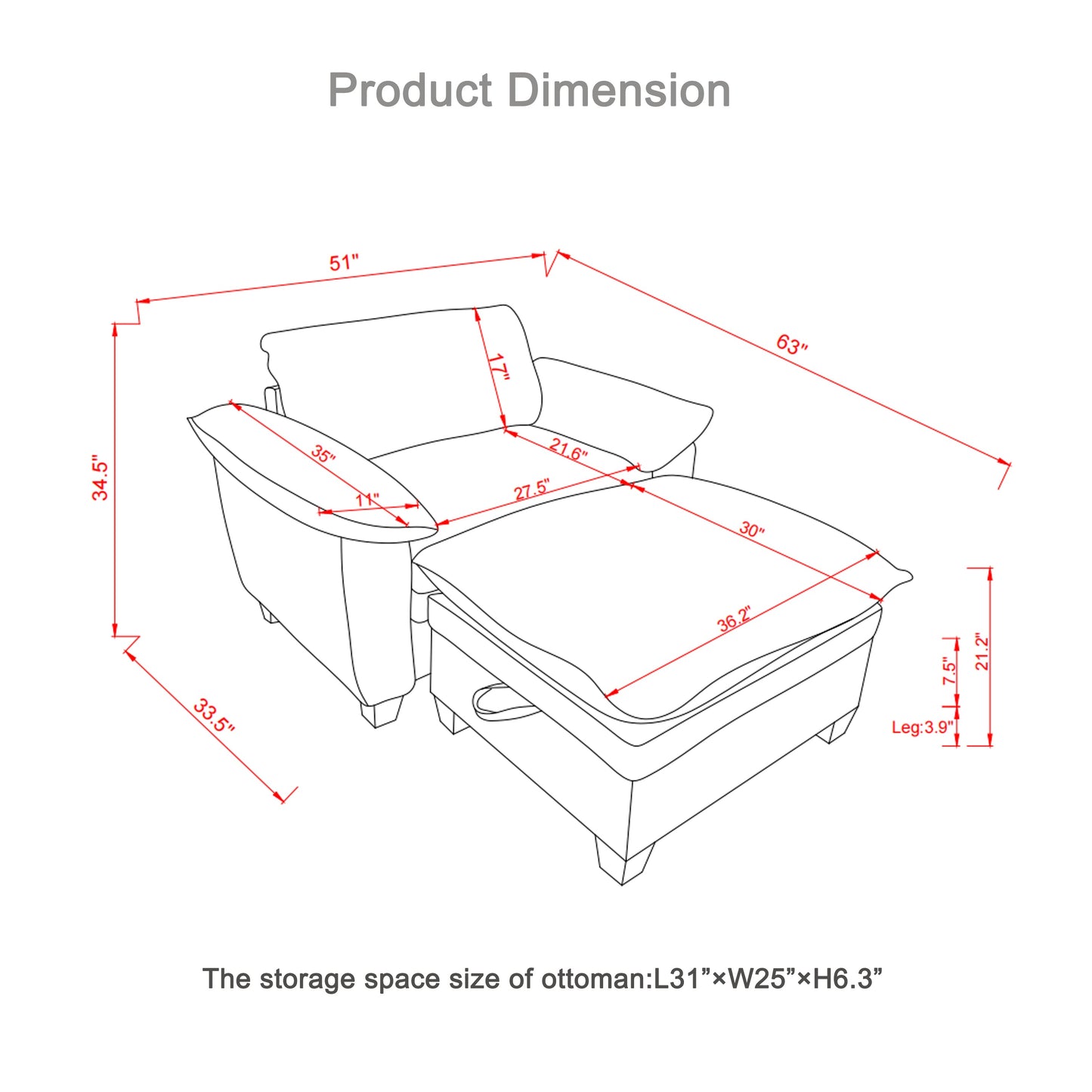 NEW 51' Oversize Chaise Lounge Chair with Ottoman and Storage  Upholstered Soft Chenille Black