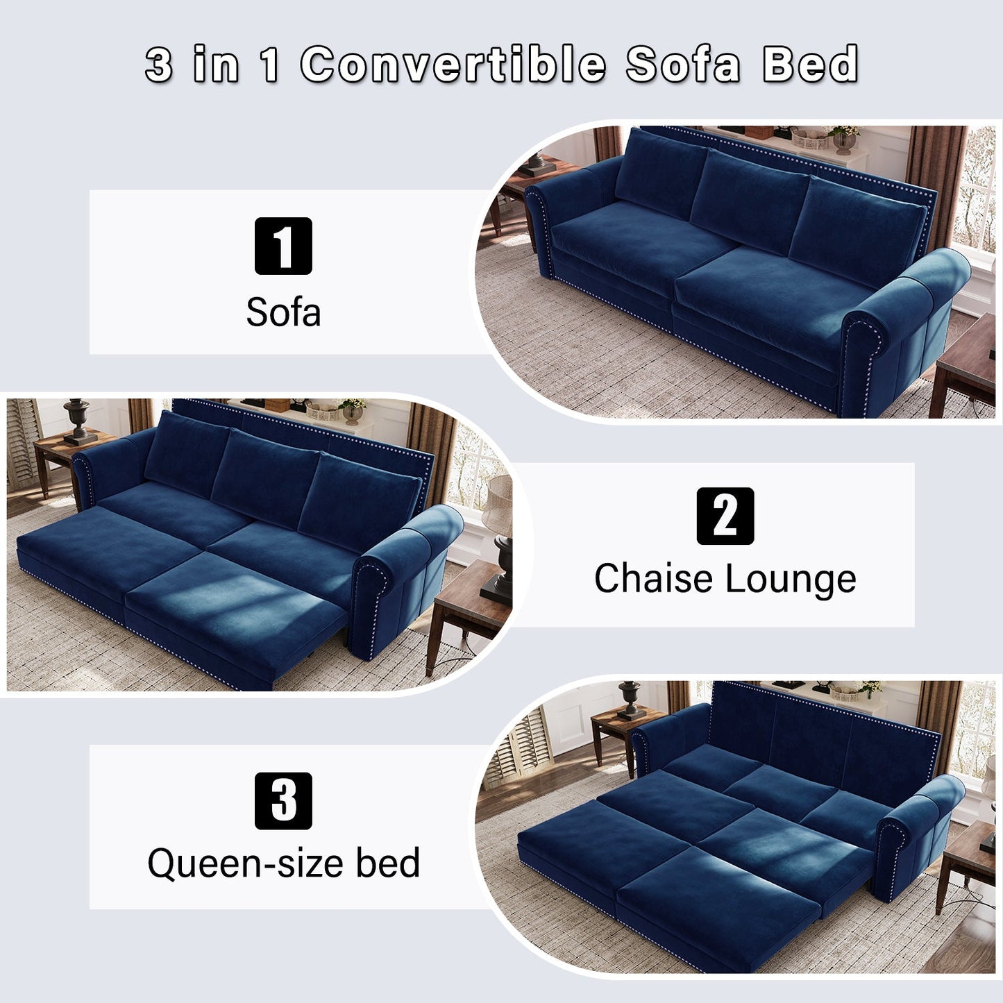 NEW 93.7 ' King Pull Out Sofa Bed, Chesterfield Sofa, 3-in-1 Velvet Convertible Sleeper Sofa with Nailhead Trim & Rolled Arm, Multi-Functional Sofa Bed for Living Room, Bedroom, Apartment, Office, Blue
