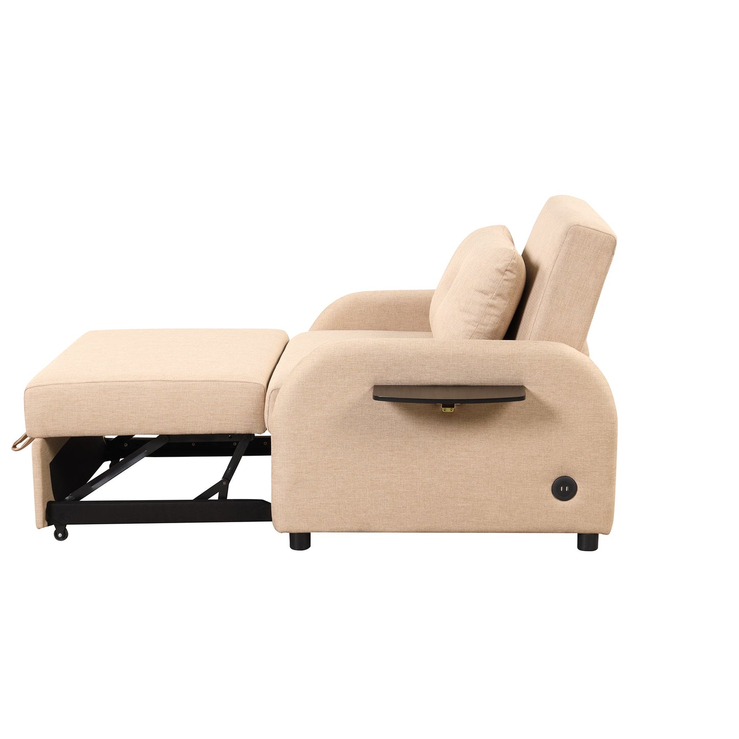 NEW Versatile Pull Out Sofa Sleeper 3 in 1 with Wing Table & USB Charge, Beige Linen, Compact Design