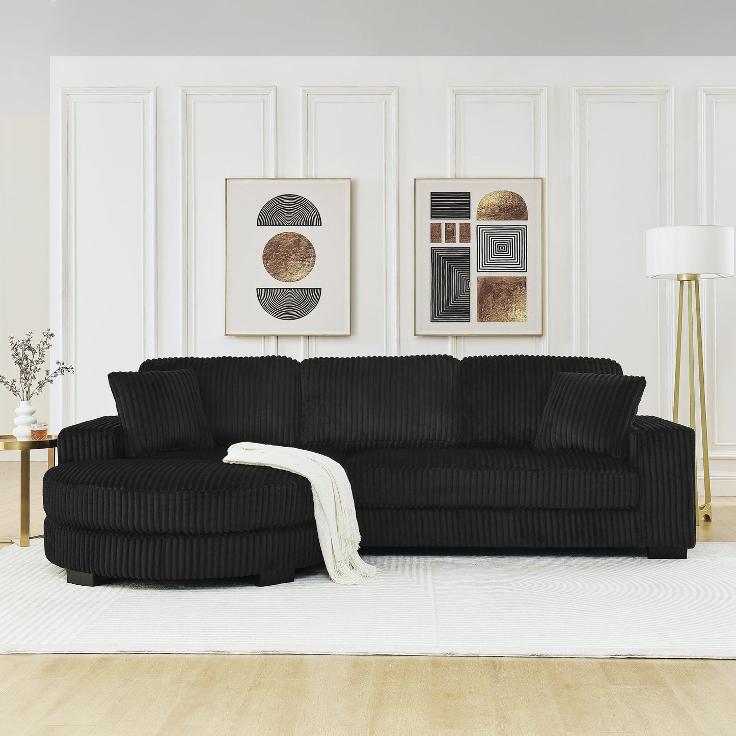 NEW Black Corduroy Tufted Upholstered Sleeper Sectional Sofa, L-Shaped Modular Convertible Sofa with Arc-Shaped Footstool
