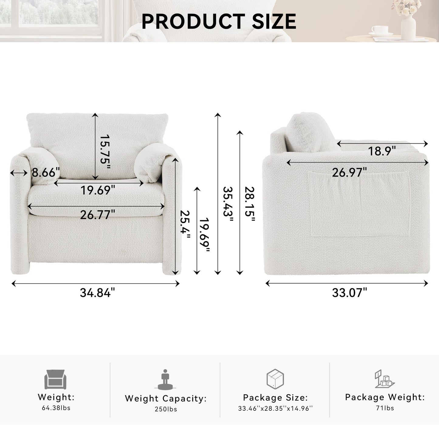 NEW Fixed Modern Ivory White Plush Chenille Lounge Accent Single Seater Armchair Chair with High-Resilience Cushion
