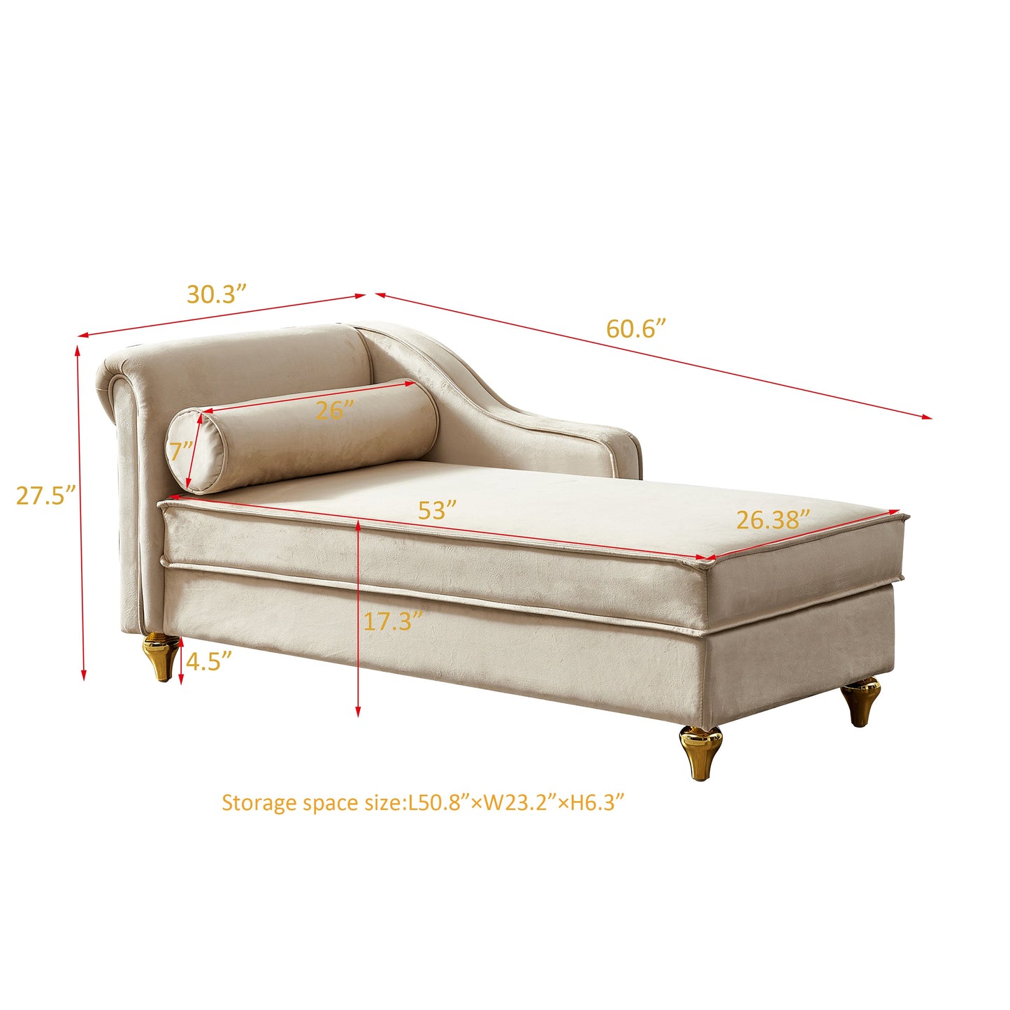 NEW Modern Beige Velvet Upholstered Chaise Lounge Chair with Storage