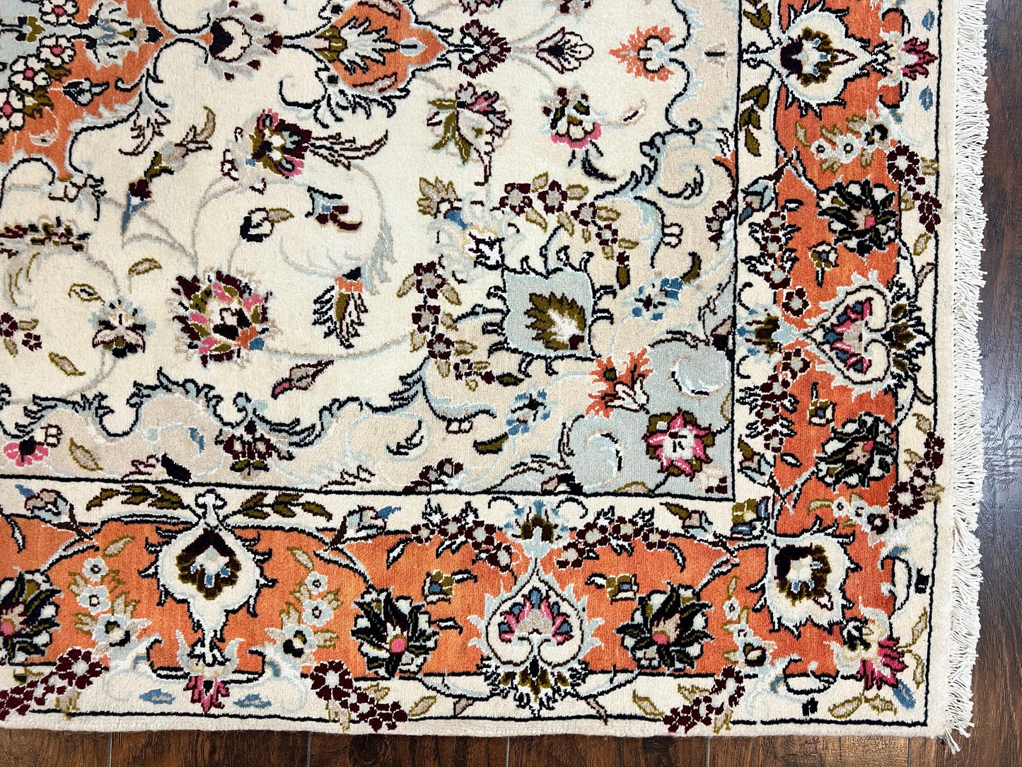 USED Persian Tabriz Rug 4.5  x 6.8, Finely Hand Knotted Wool with Silk Highlights Vintage Oriental Carpet, Cream and Salmon, High KPSI, Floral Medallion