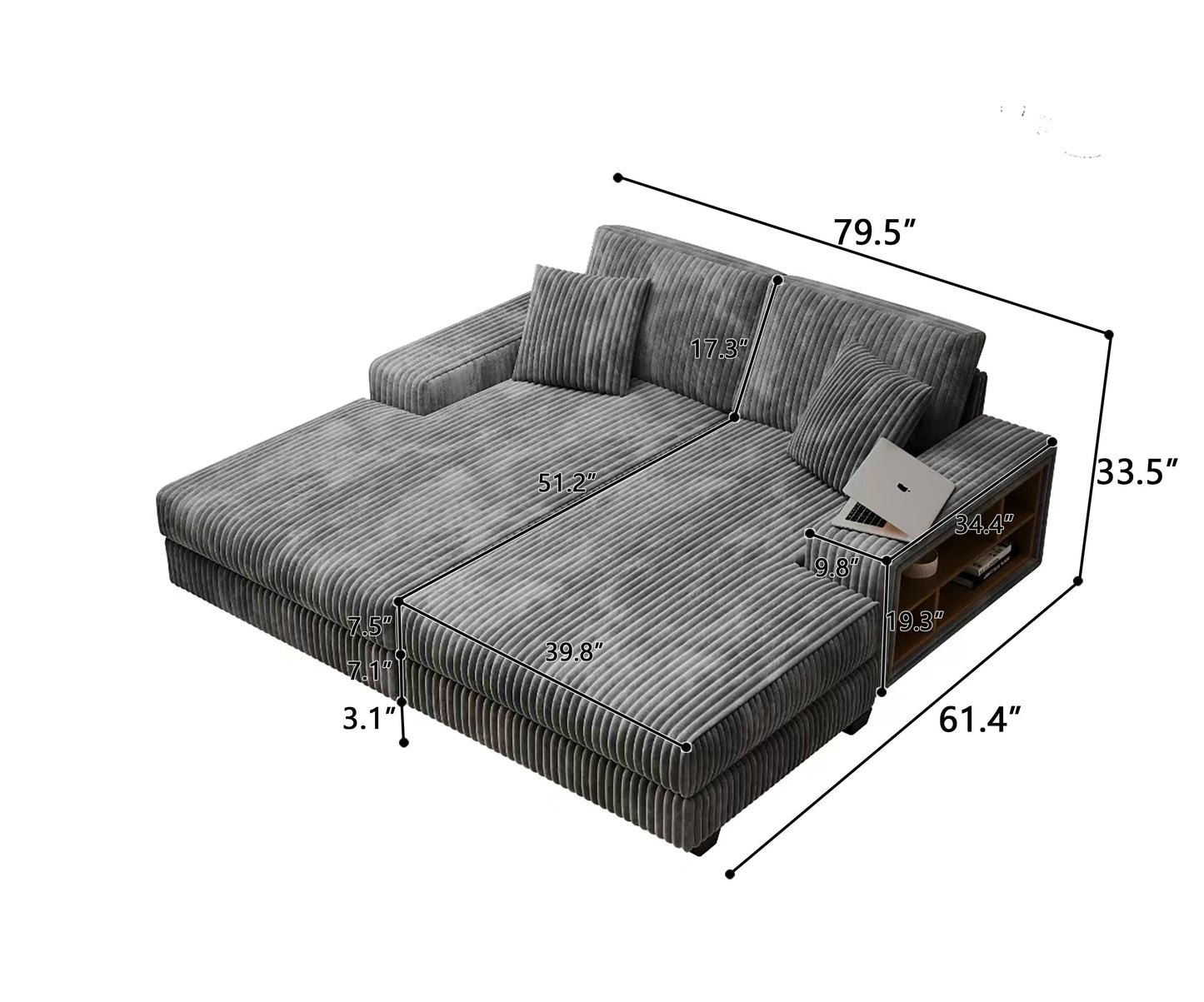 NEW Convertible combination sofa, corduroy fabric, fluffy modern sleeper sofa chair, oversized combination living room double lounge chair,Dark Grey