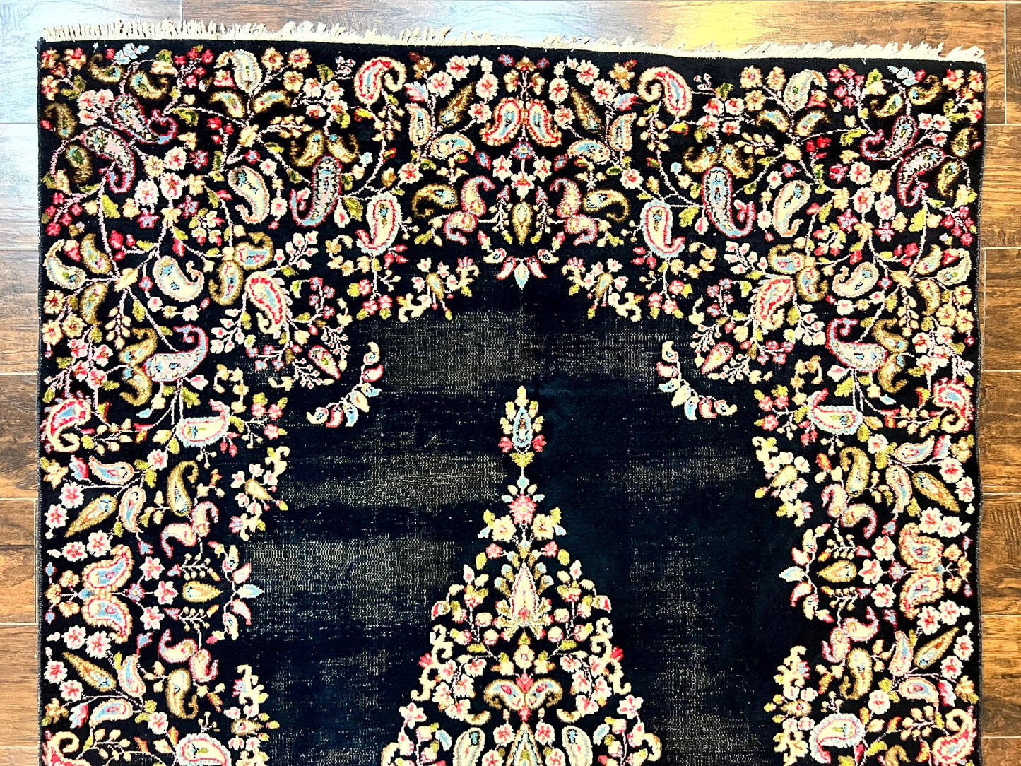 USED Antique Persian Kirman Rug 5x8, Floral Kirman, Midnight Blue/Black, Semi Open Field, Handmade Vintage Wool Carpet
