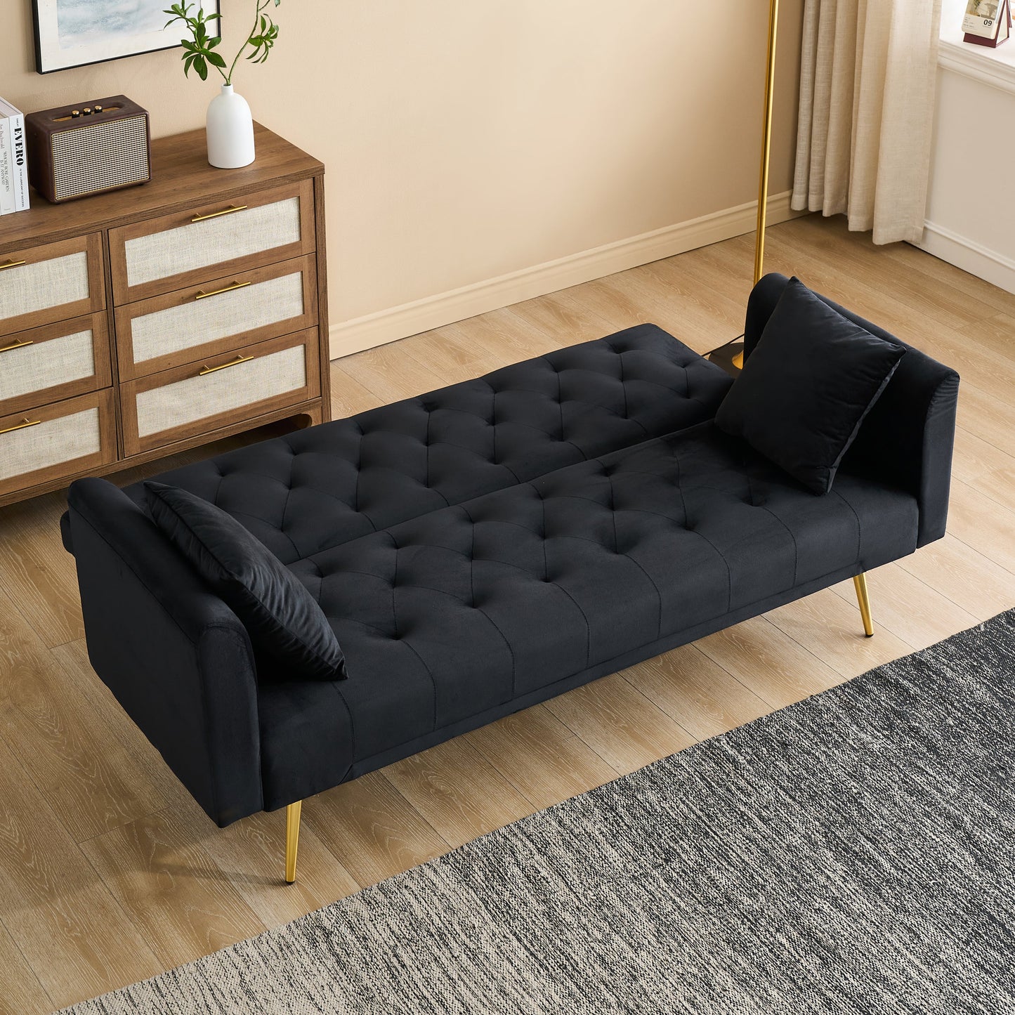 NEW 71-inch American Retro Style Black Velvet Foldable Double Sofa