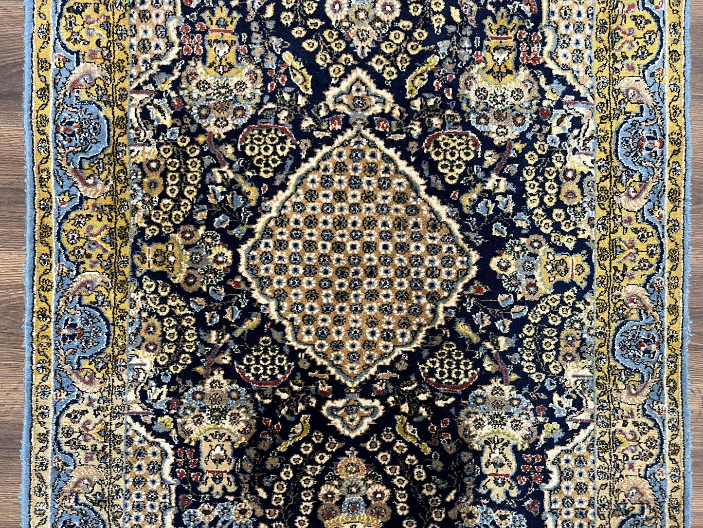 USED Fine Persian Qum Rug 3x5, Semi Antique Vintage Oriental Ghom Carpet, Floral Medallion, Highly Detailed, Hand Knotted, Navy Blue, Wool Area Rug, Birds