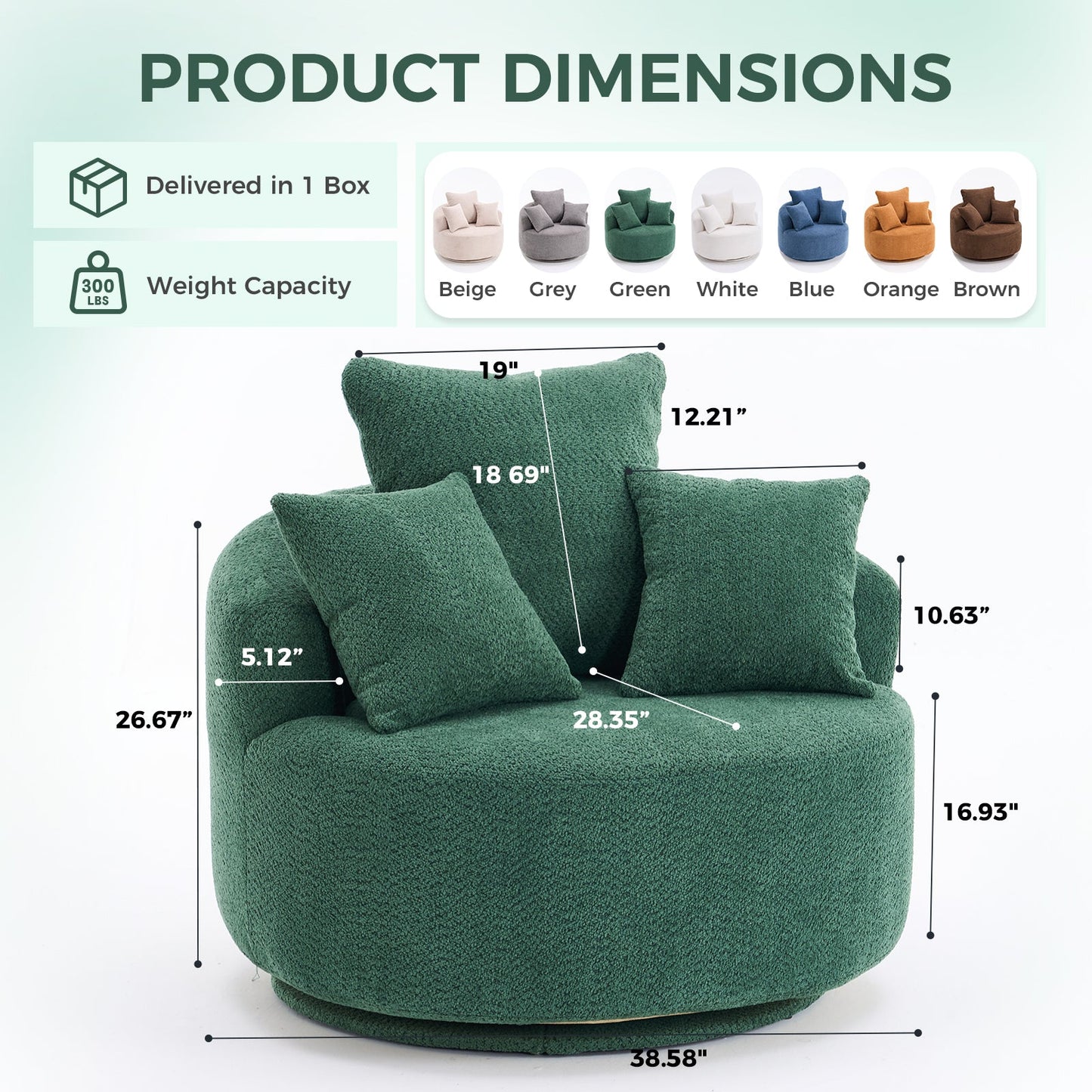 NEW 360° Green Swivel Accent Barrel Round Upholstered Sofa Chair with 3 Removable Pillows