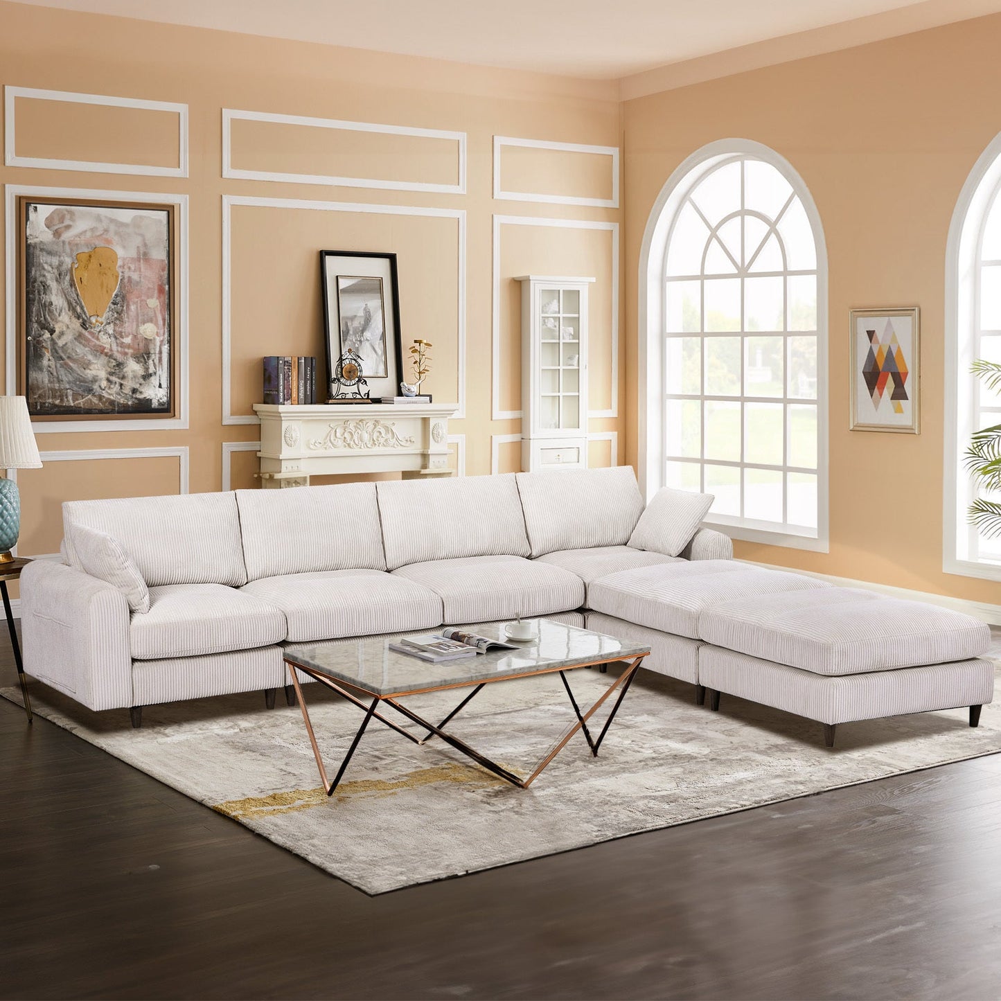 NEW Modern White Corduroy Modular Oversized U-shaped Convertible L-shaped Sectional Sofa Set with Pillow and Footstool
