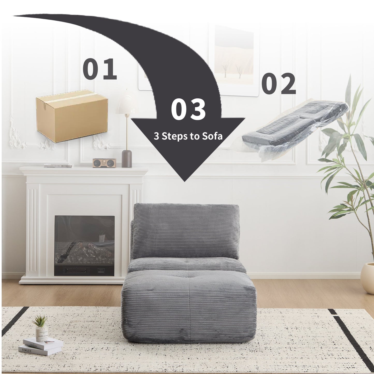 NEW Grey Single Corduroy Chaise Lounge Fabric Modern Memory Foam Compressed Sofa Cloud Modular Sectional Movable Ottoman