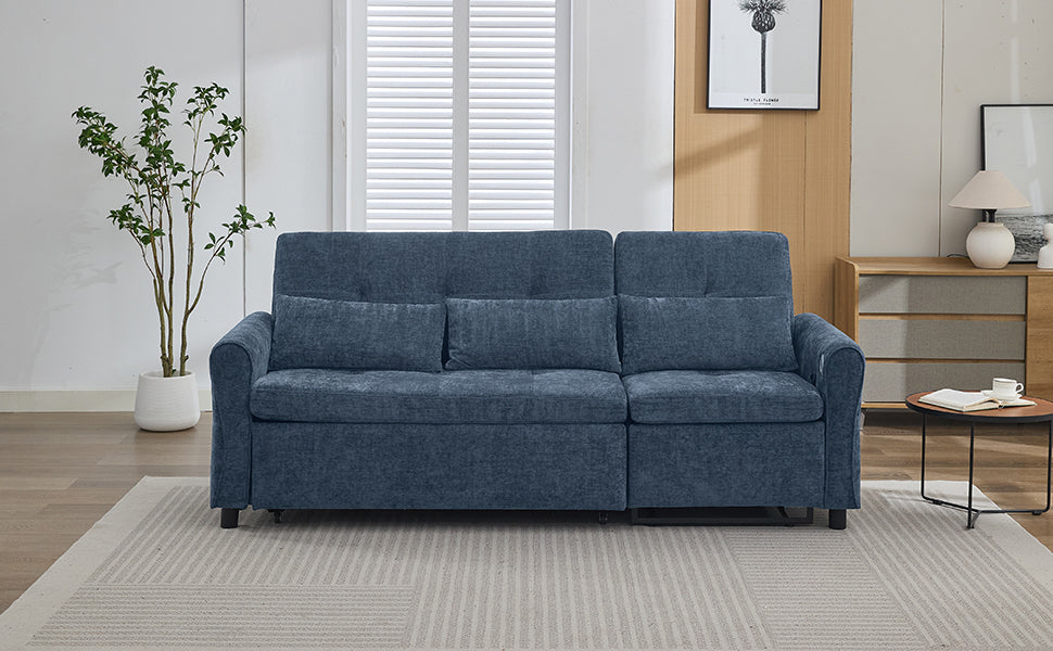 NEW 2-in-1 Sofa 82' Three-seater Sofa with Sofa Bed and Reversible Recliner, Blue Chenille