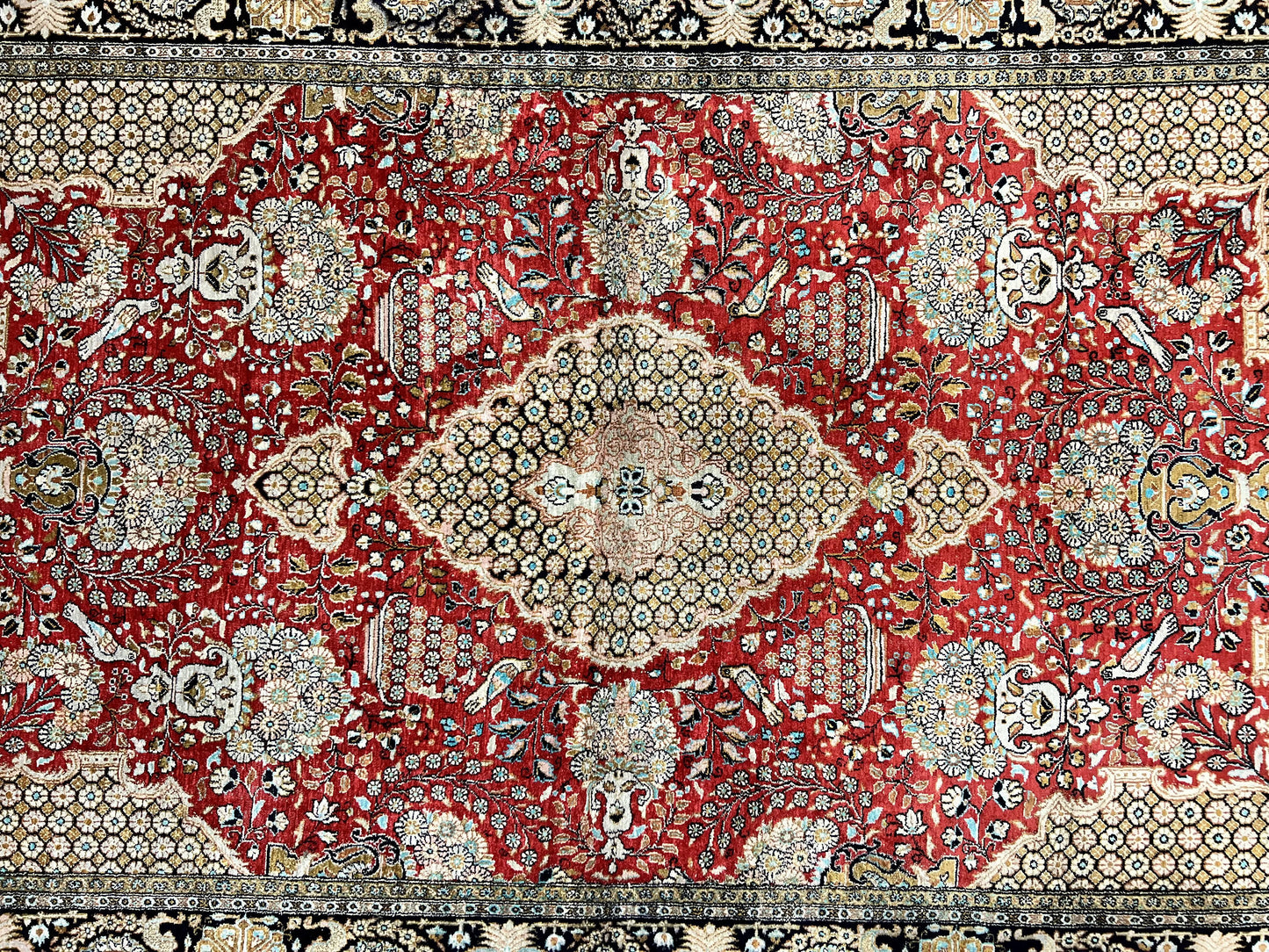 USED Wonderful Persian Silk Rug 5x7, Birds Floral Vases, Red, Hand Knotted Silk Fine Oriental Carpet, Handmade Vintage, Persian Qum Rug, 400 KPSI