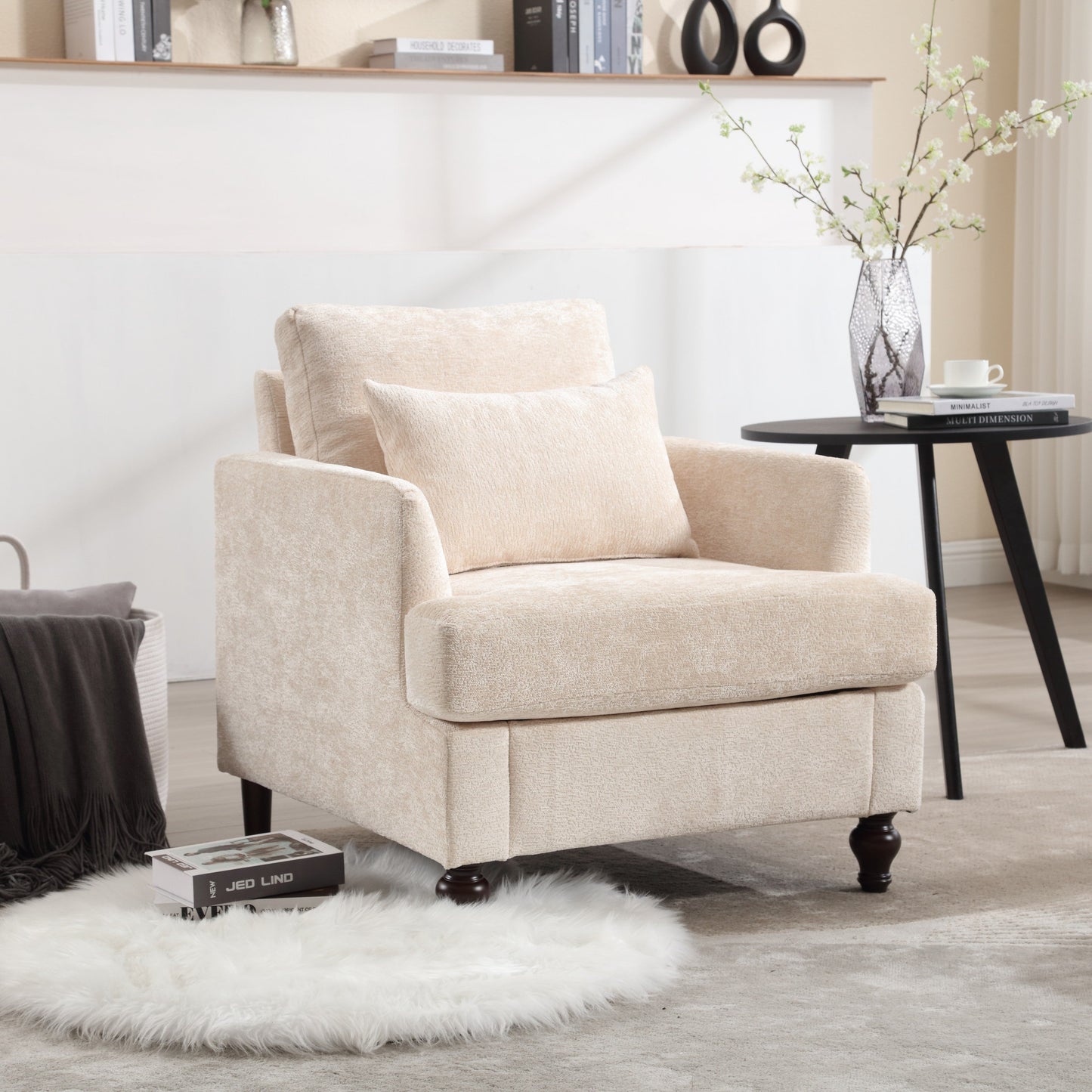 NEW Modern Accent Lounge Chair with Tufted Club Design, Beige Chenille Upholstery, Solid Wood Frame for Living Room and Bedroom