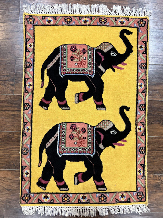 USED Unique Indian Pictorial Rug 2x3, Small Wool Hand Knotted Oriental Carpet, Yellow, Two Elephants, Handmade