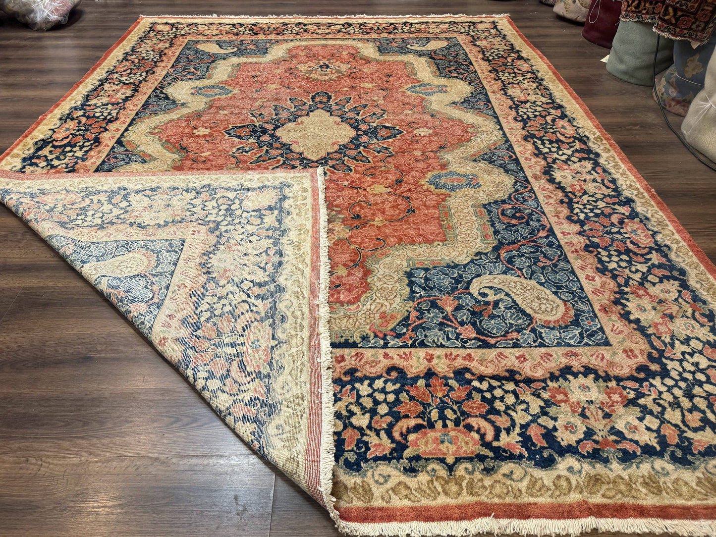 USED Antique Persian Sarouk Rug 9x12, Boteh Paisleys, Light Red Navy Blue