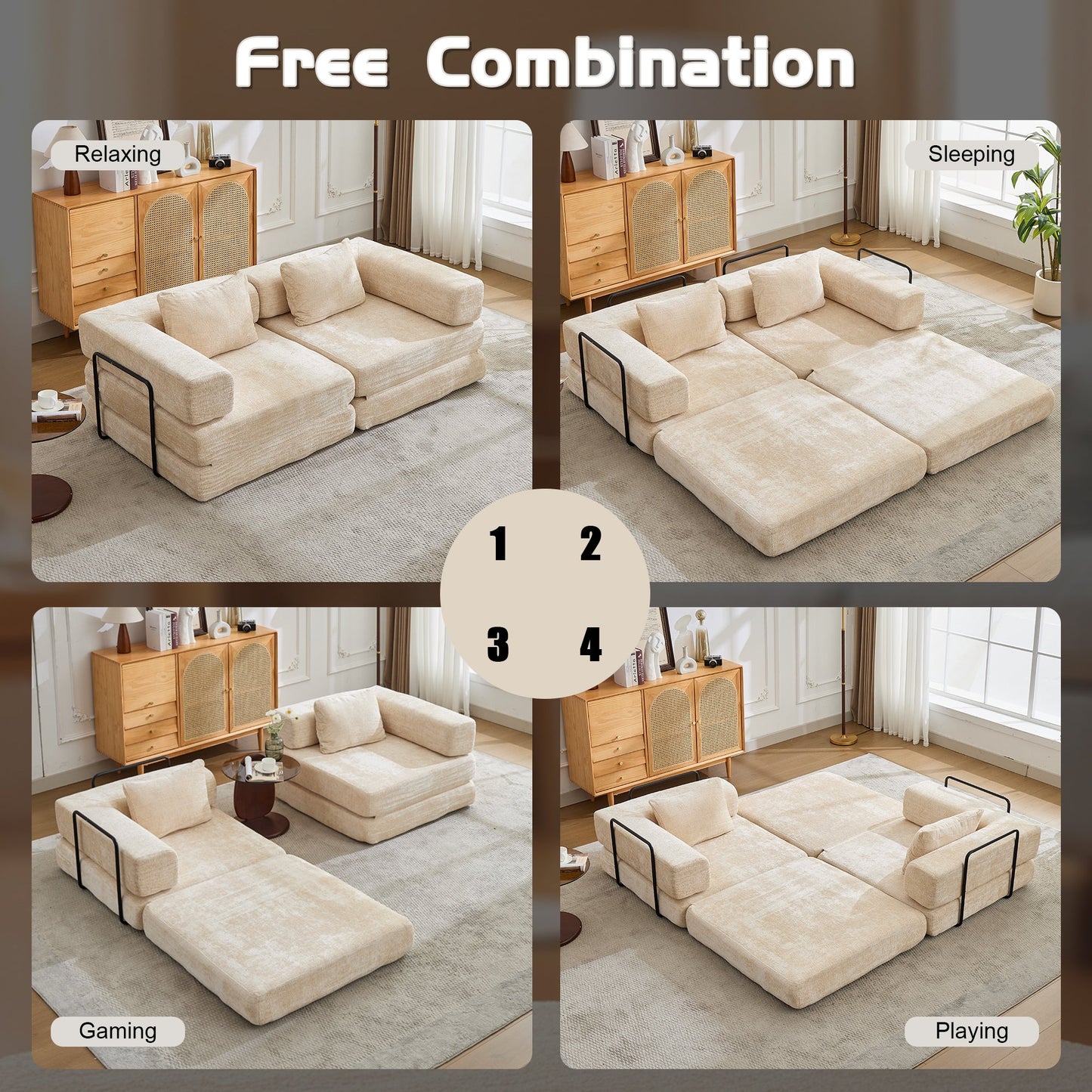 NEW Compression Convertible Floor Fixed-Shape Frame Loveseats Boneless Modular Sectional Sofa Bed in Beige Chenille Fabric