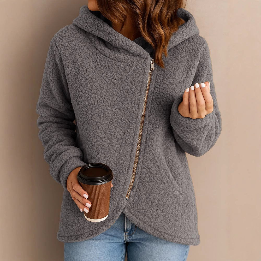New Casual Loose Lambswool Long Sleeve Zipper Hoodie Coat