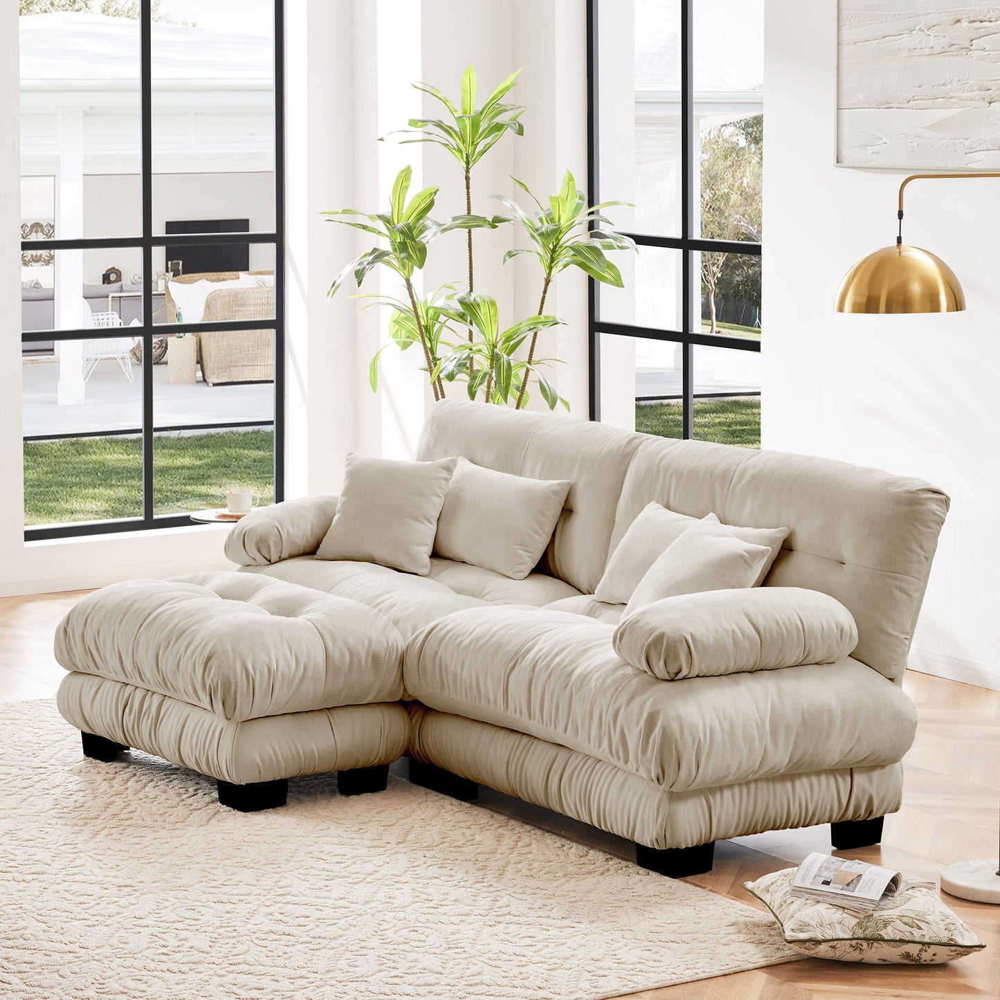 NEW Light Coffee Chenille Cloud Couch Sectional Sofa 2 Seater Loveseat Upholstered Wide Arm Sofa with 2 Lumbar Pillows 2 Throw Pillows and Convertible Ottoman